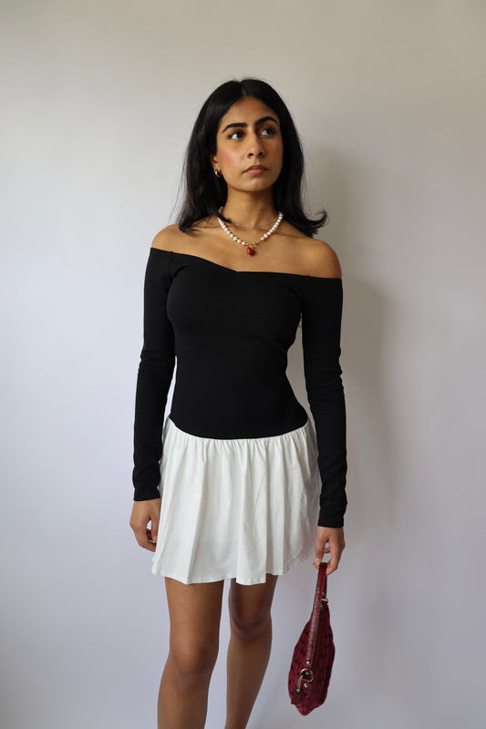 Black & White Off the Shoulder Flared Mini Dress