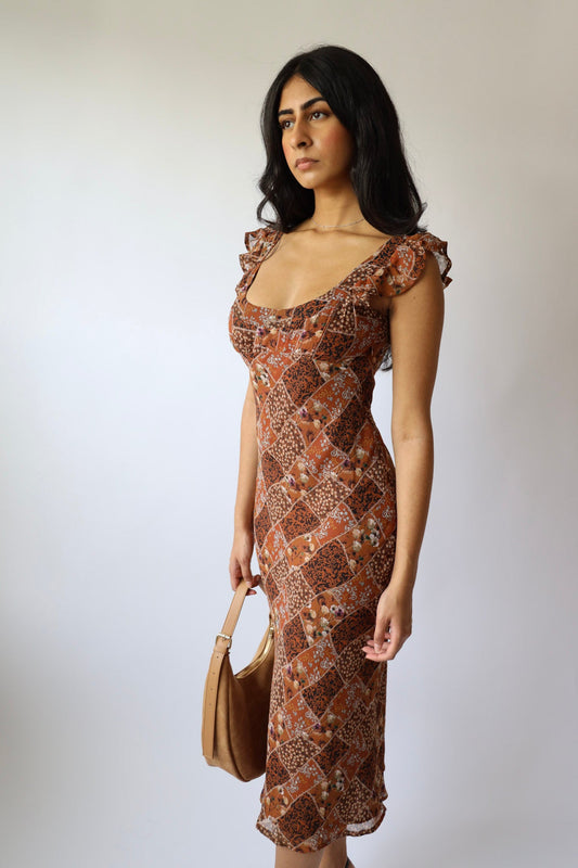 Brown Floral Patchwork Chiffon Bias Long Dress