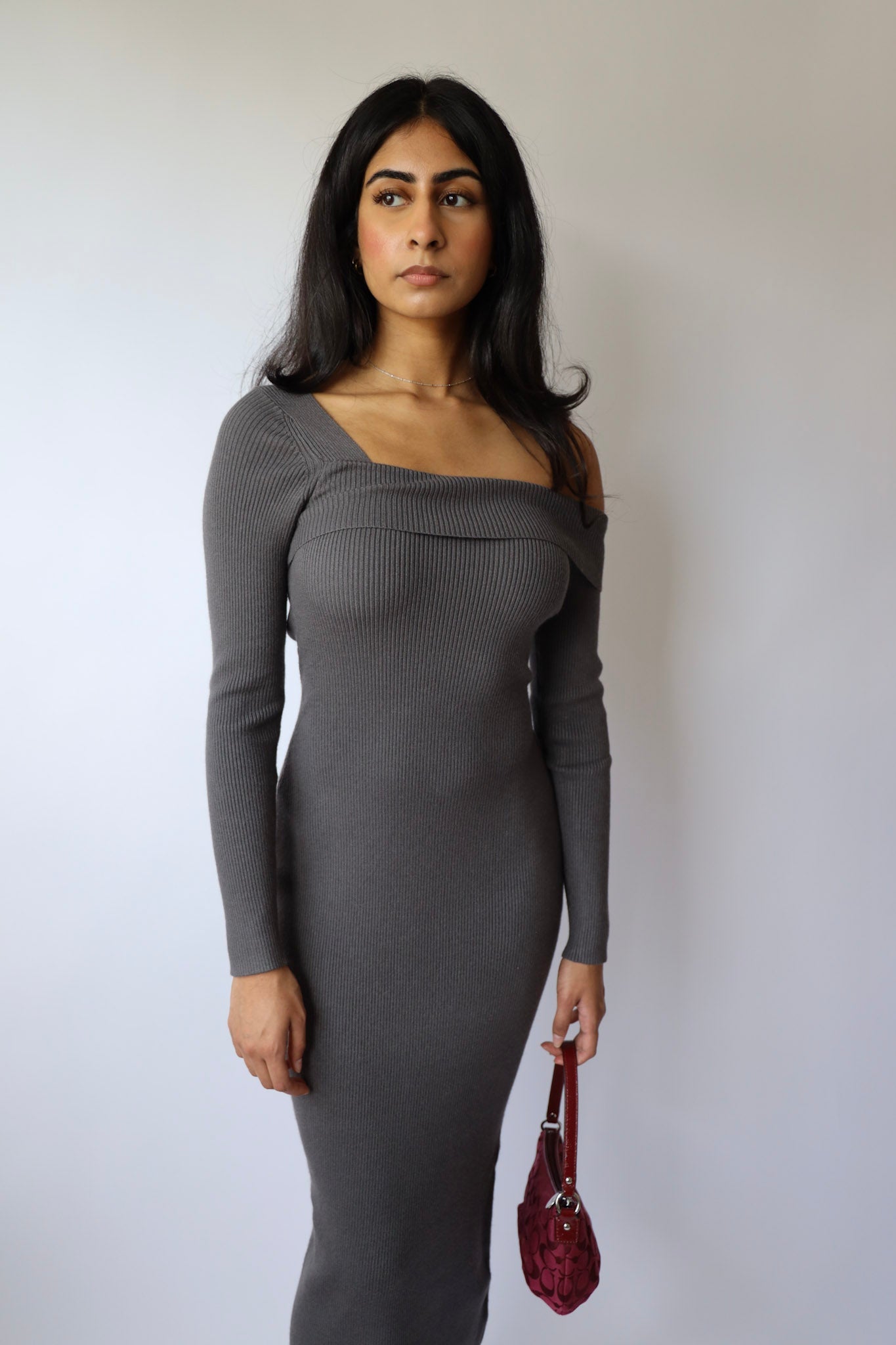 Ribbed Asymmetric Off Shoulder Sweater Maxi Dress