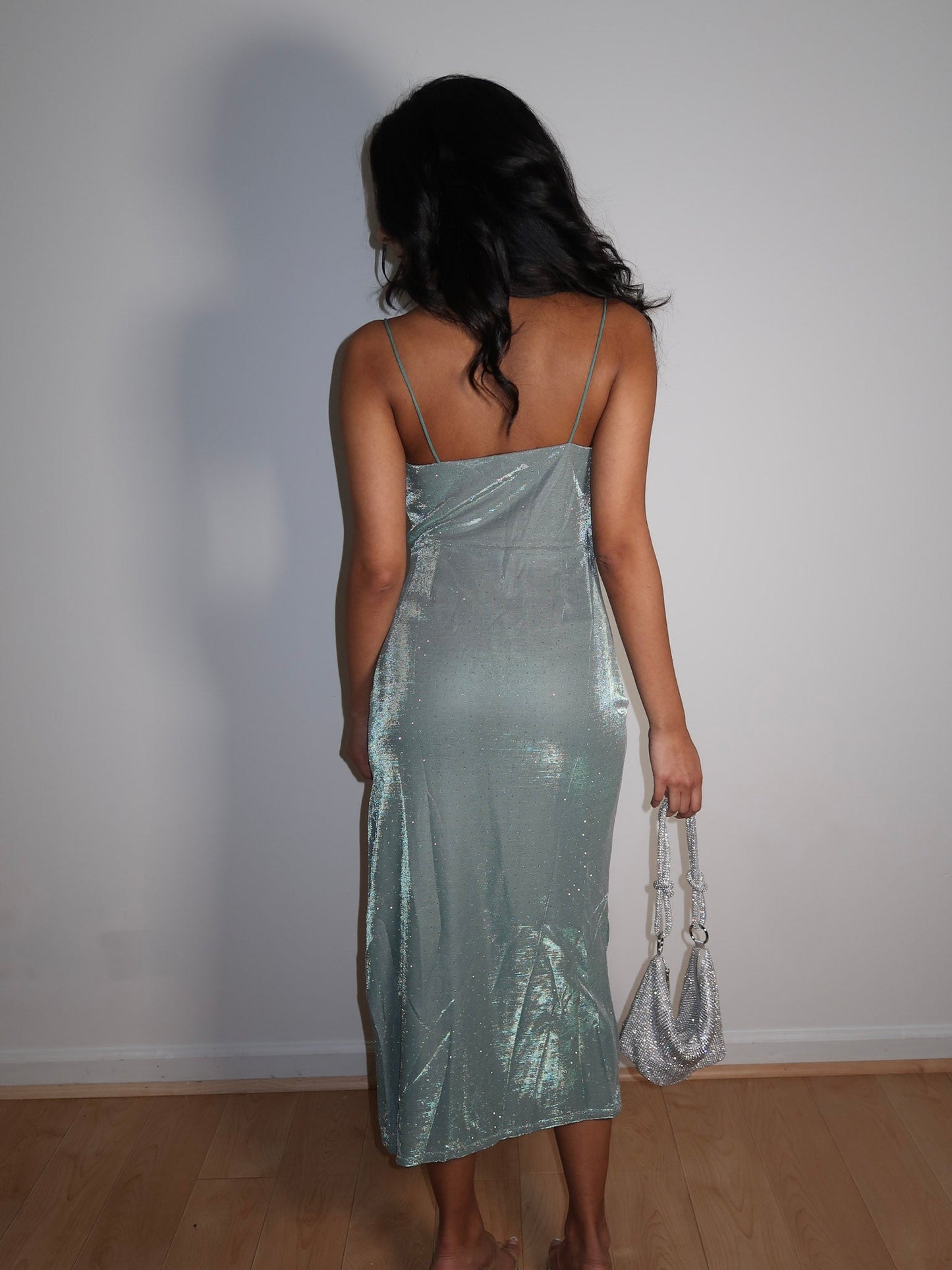Lurex Rhinestone Cowl Neck Midi Dress