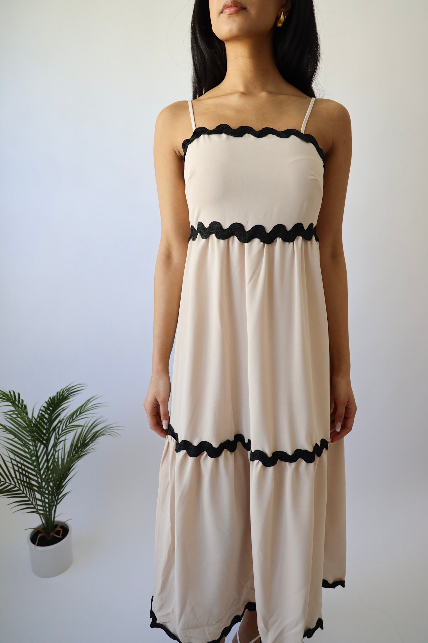 Cream & Black Ric Rac Trim Detail Maxi Strap Dress