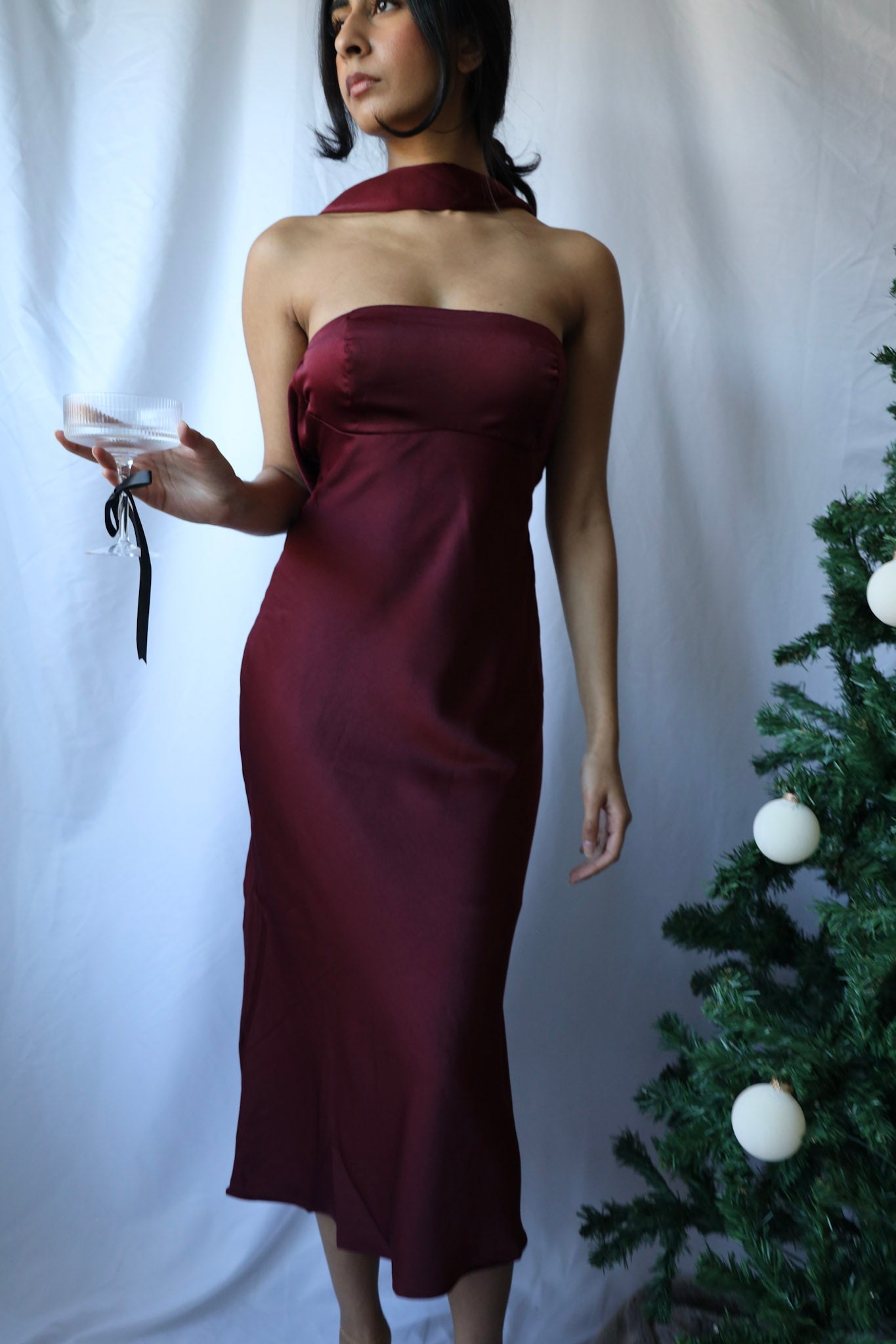 Burgundy Cowl Back Choker Midi Dress