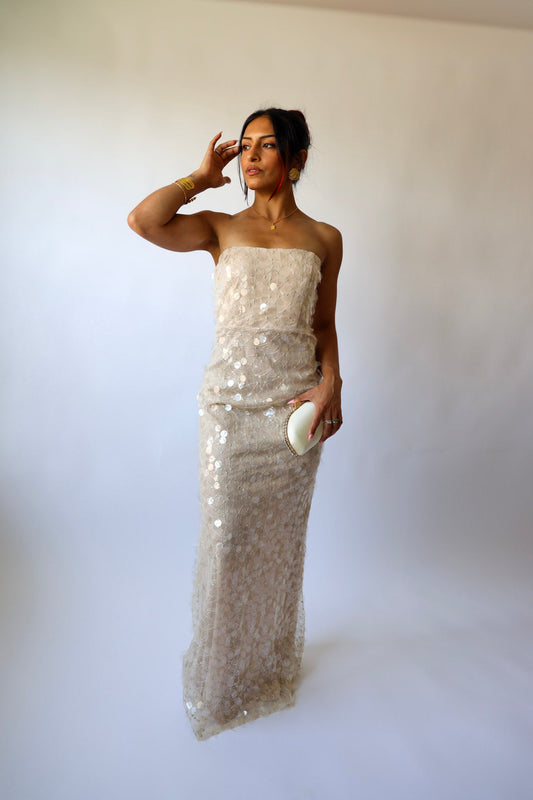 Champagne Sequin Strapless Gown