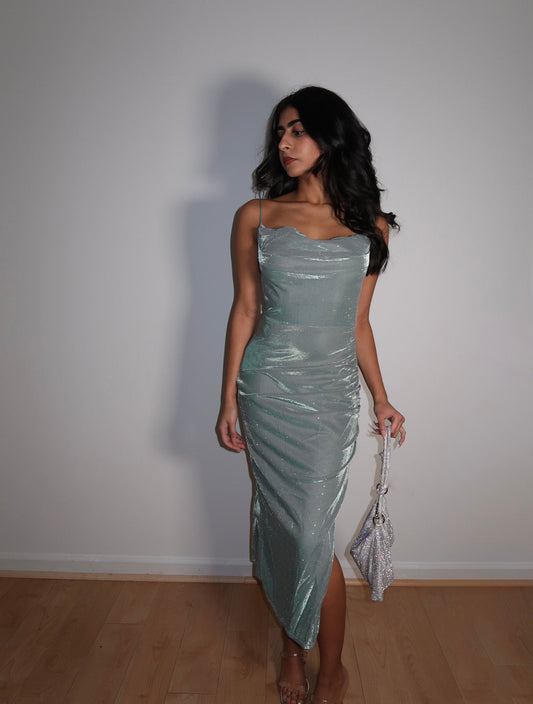 Lurex Rhinestone Cowl Neck Midi Dress