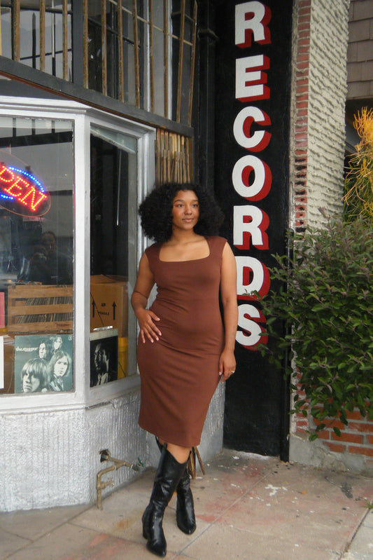 Square Neck Midi Dress (Brown Only)
