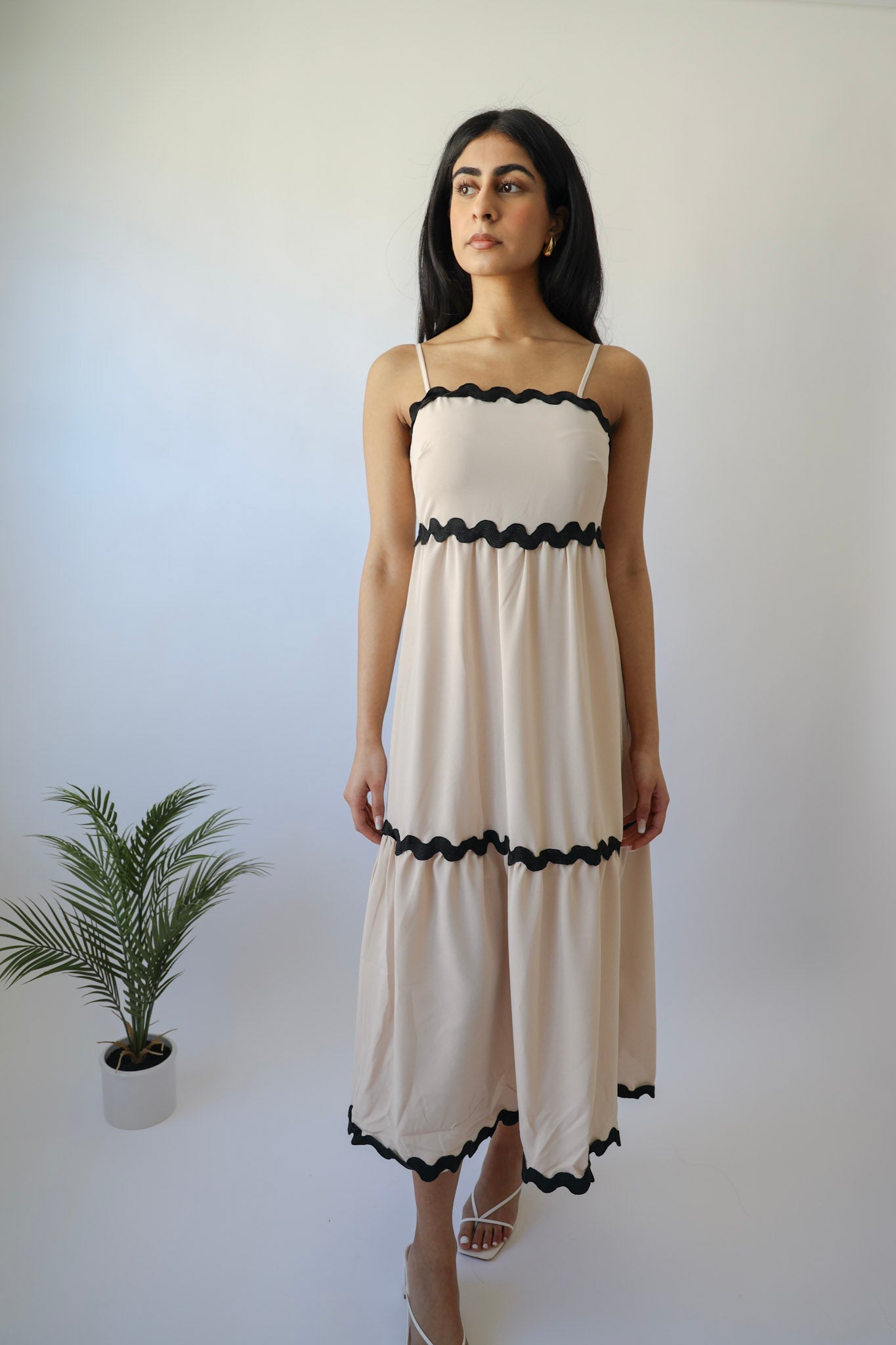 Cream & Black Ric Rac Trim Detail Maxi Strap Dress