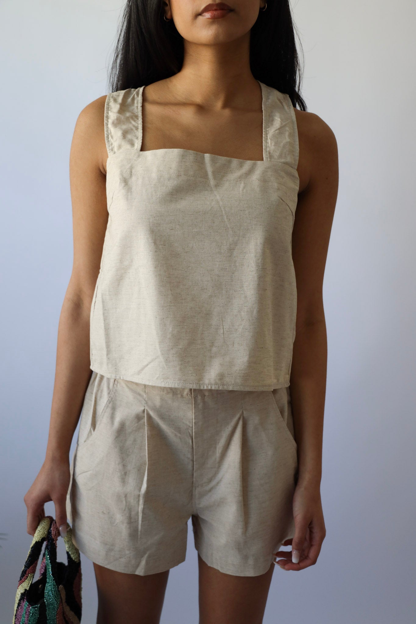 Cream Linen Elastic Waist Band Shorts