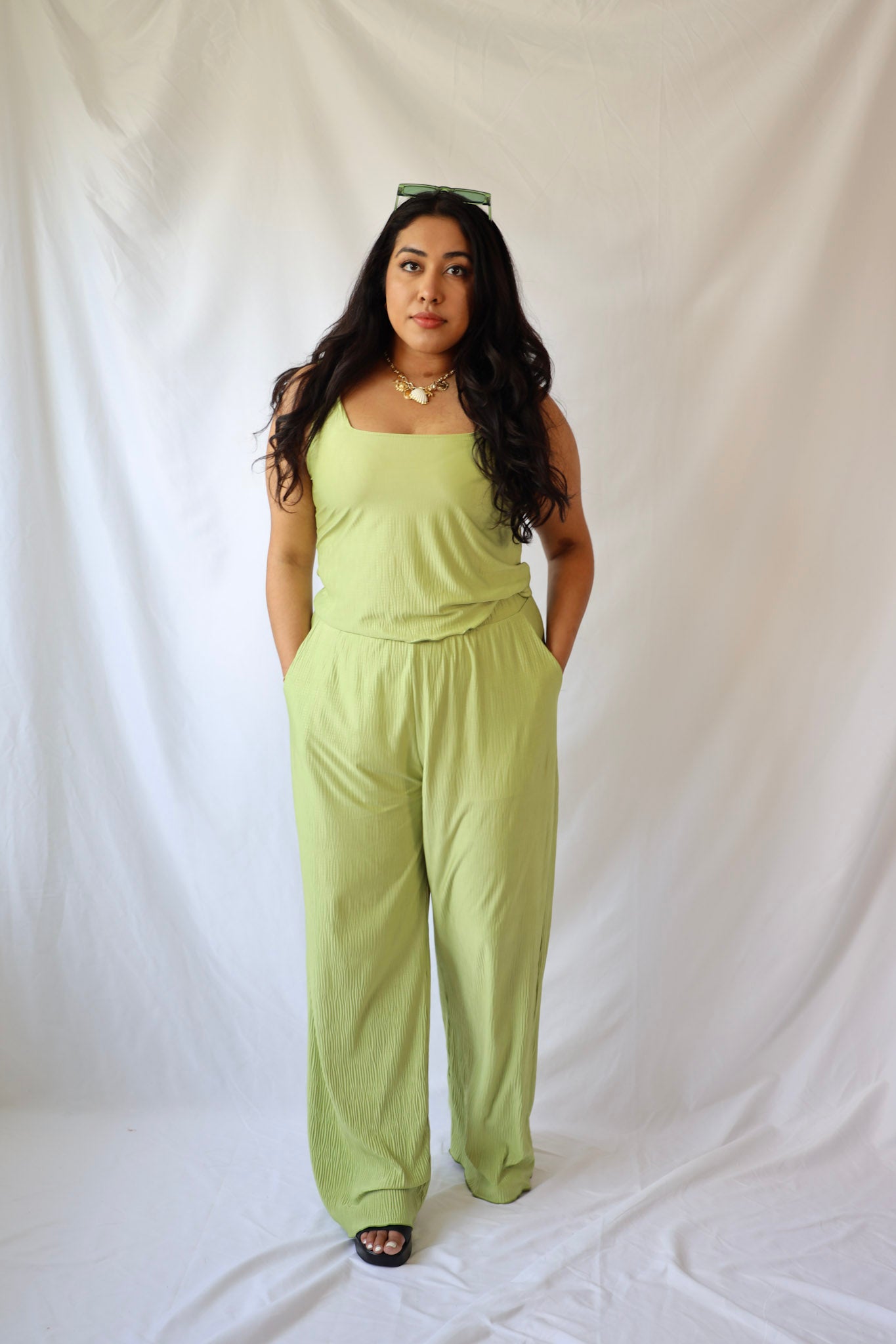 Green Square Neck Pleated Top