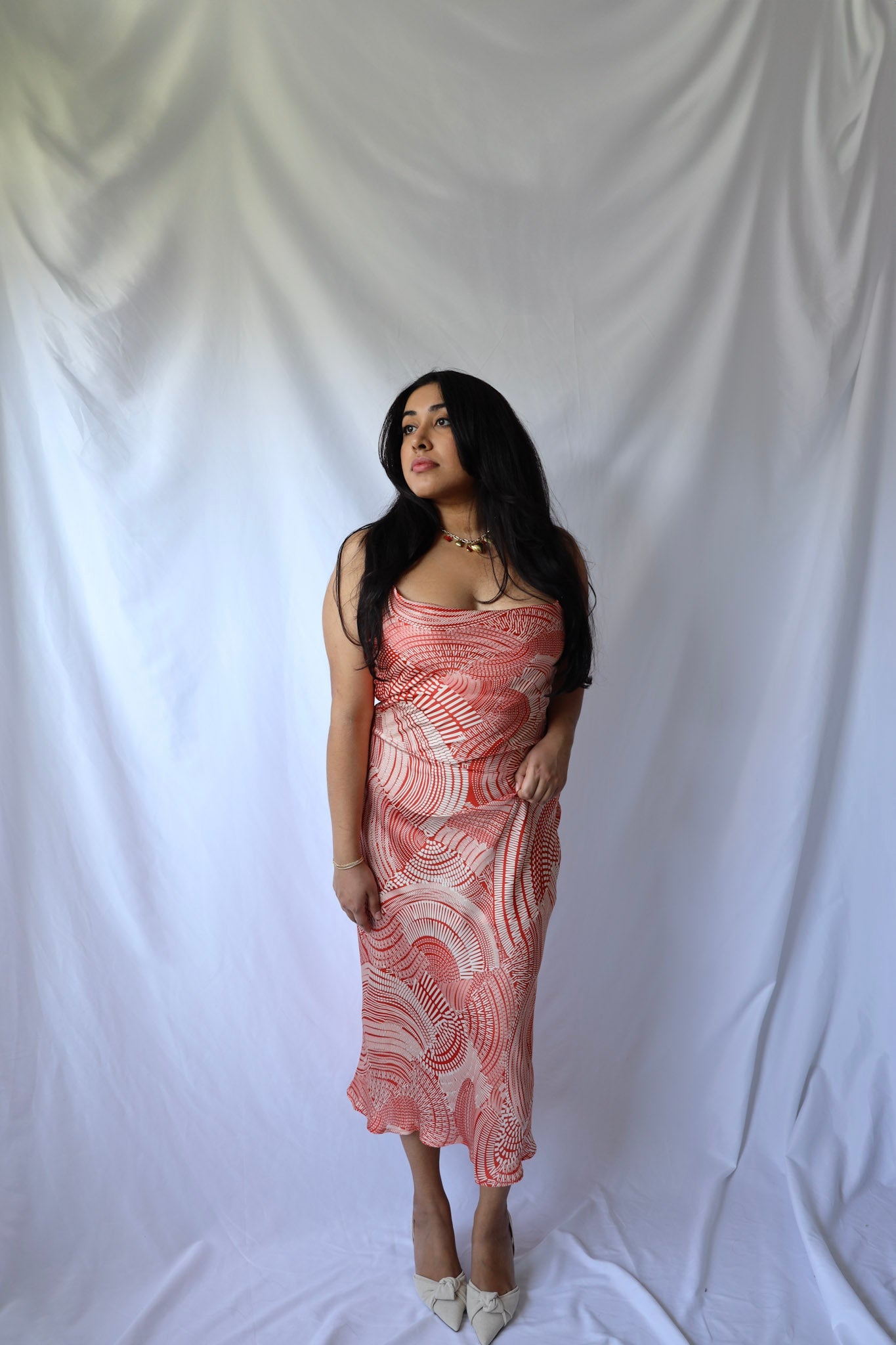 Red Patterned Criss Cross Midi Dress