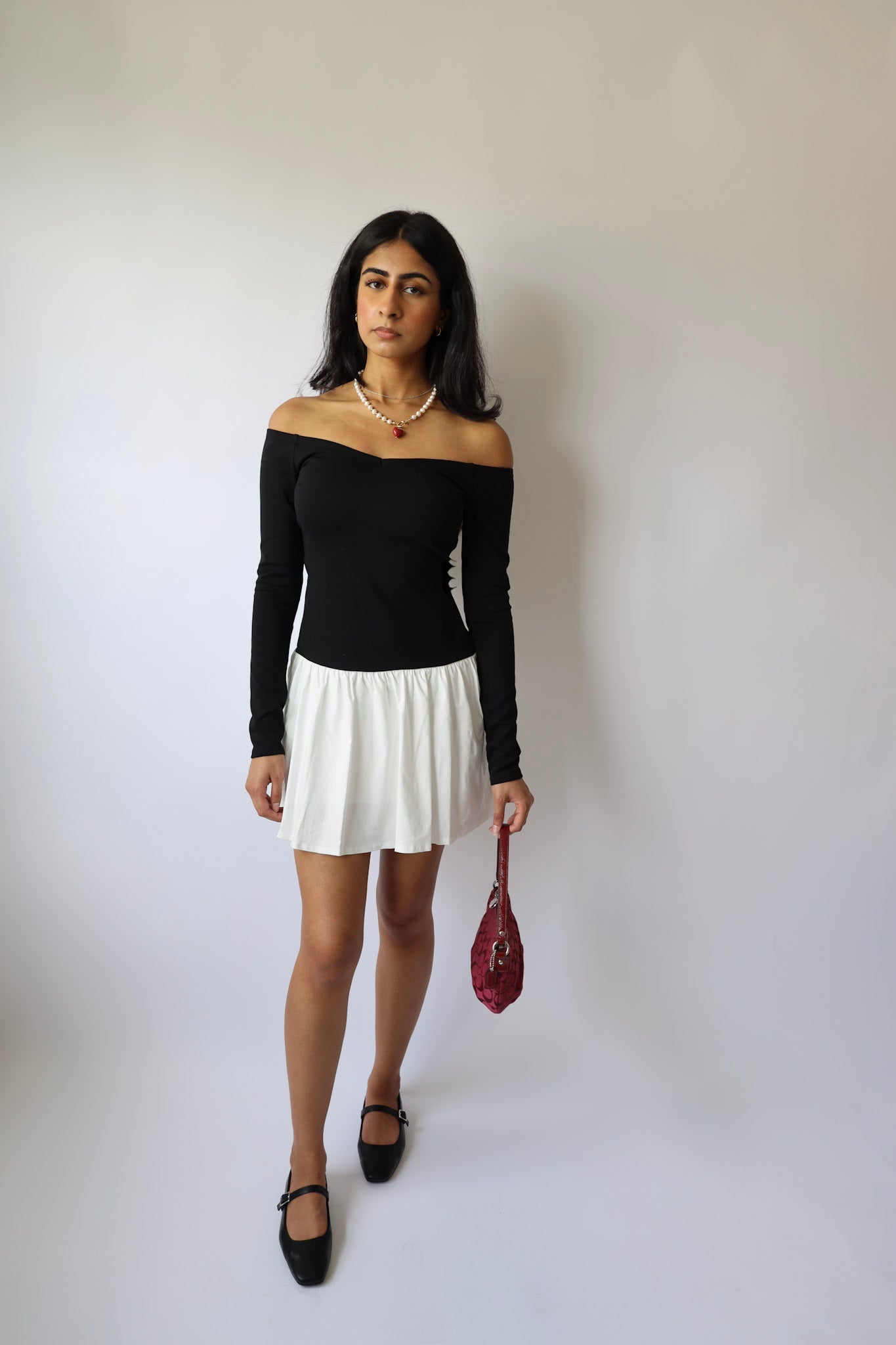 Black & White Off the Shoulder Flared Mini Dress
