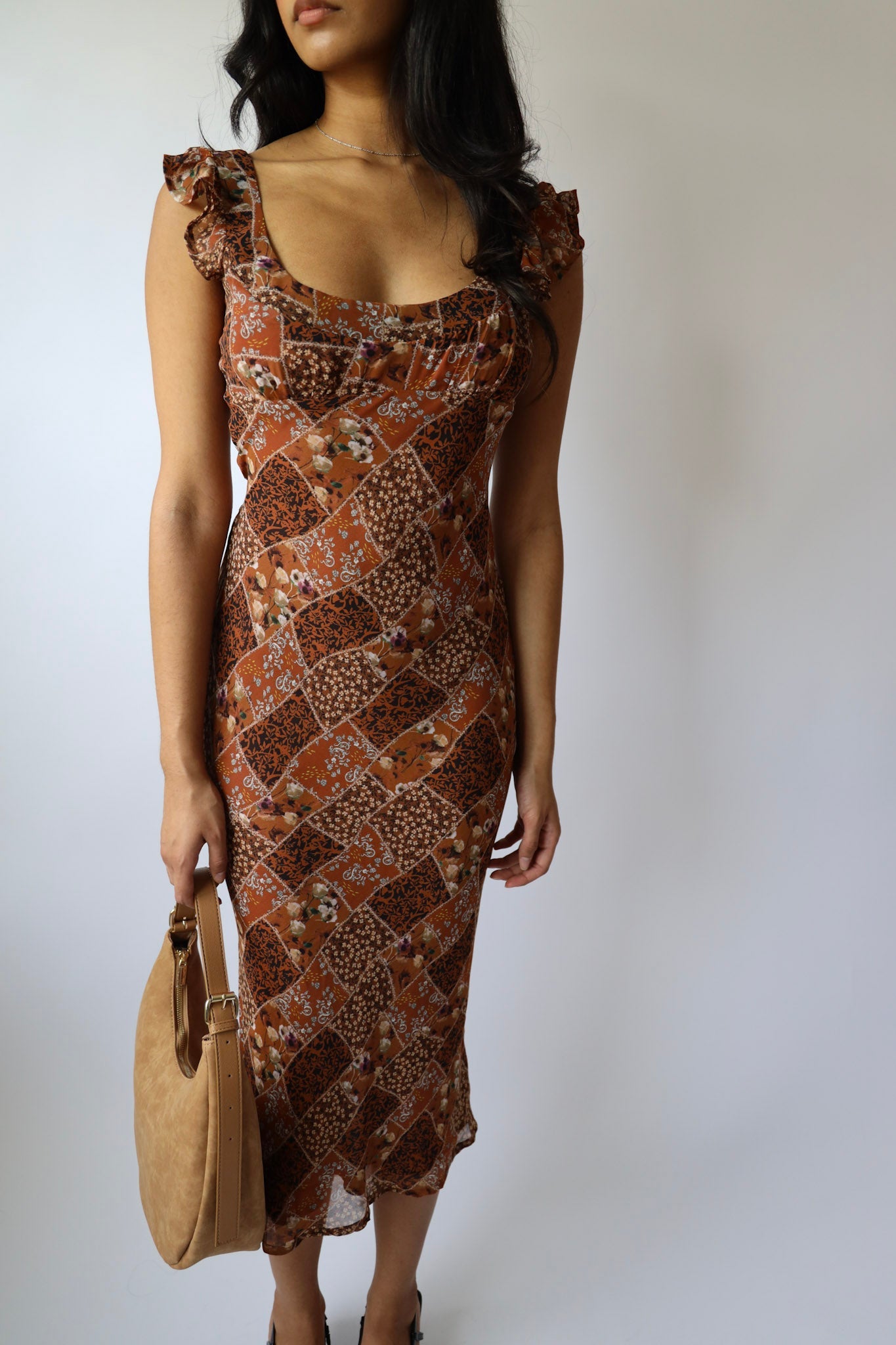 Brown Floral Patchwork Chiffon Bias Long Dress