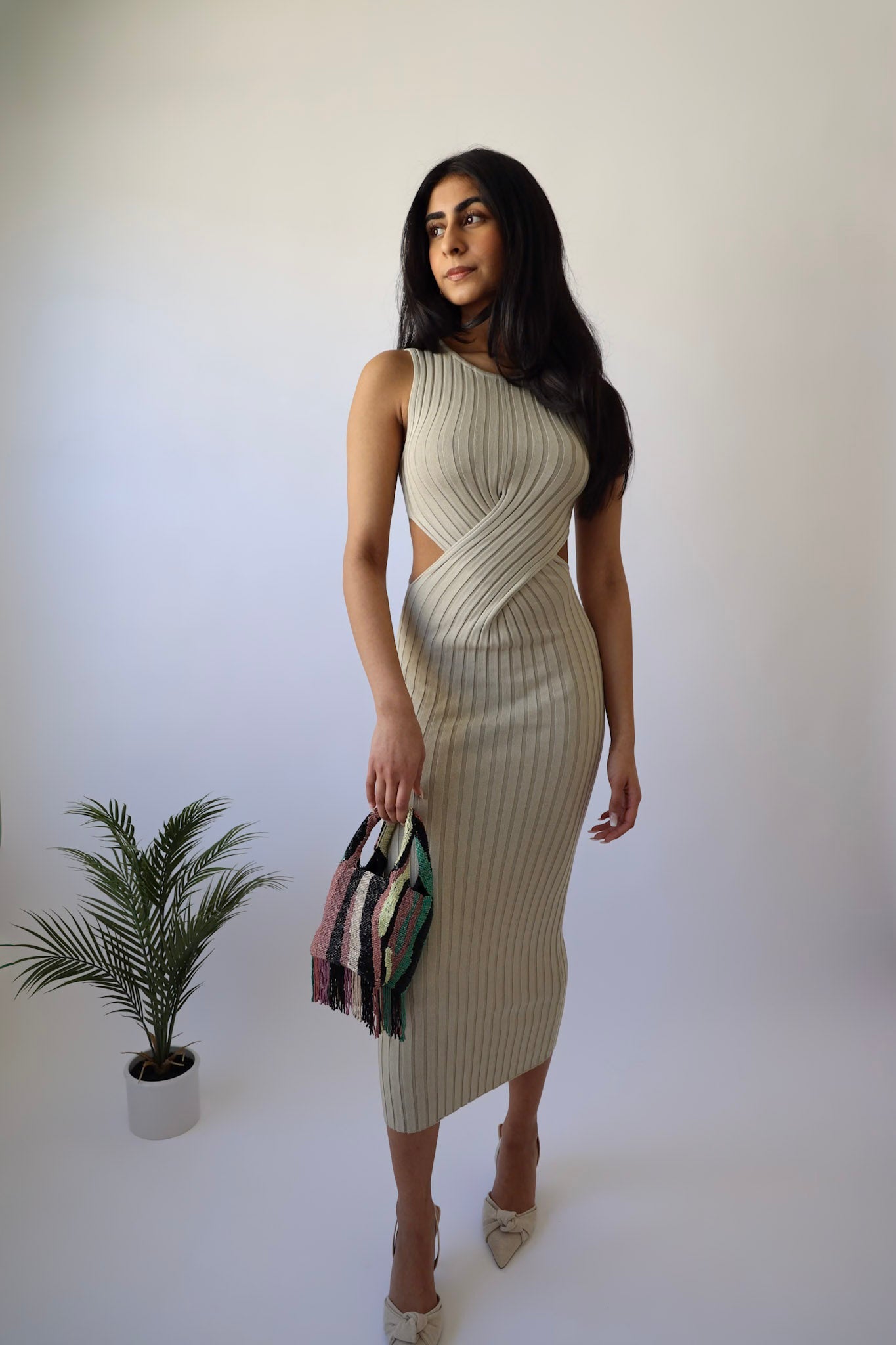 Khaki Waist Cut Ribbed Knit Dress