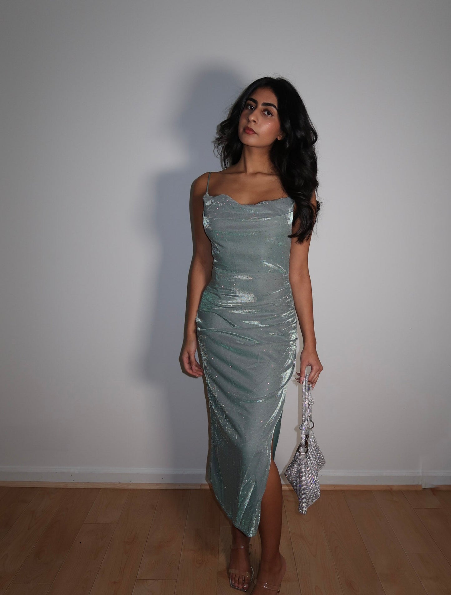 Lurex Rhinestone Cowl Neck Midi Dress