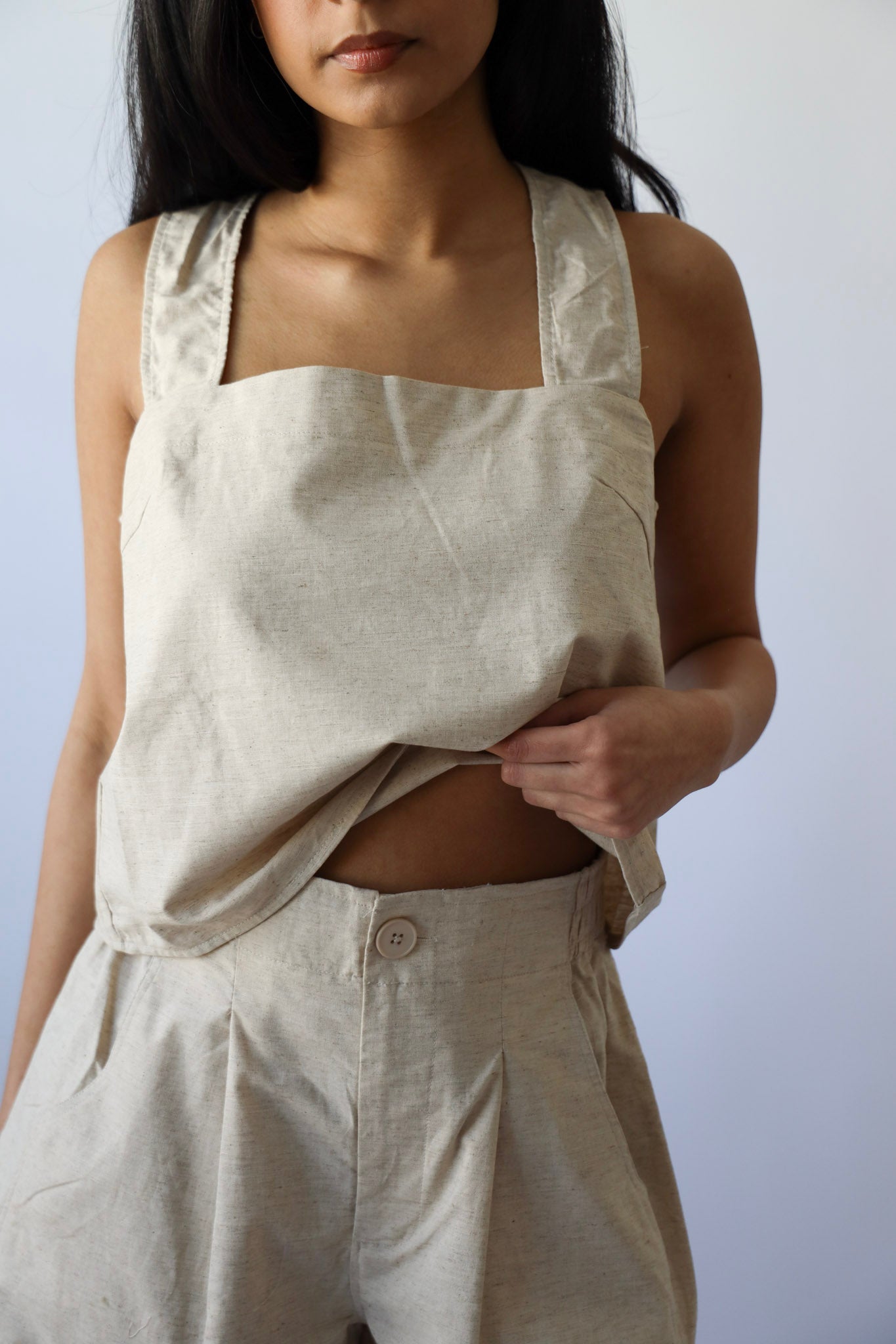 Cream Linen Elastic Waist Band Shorts