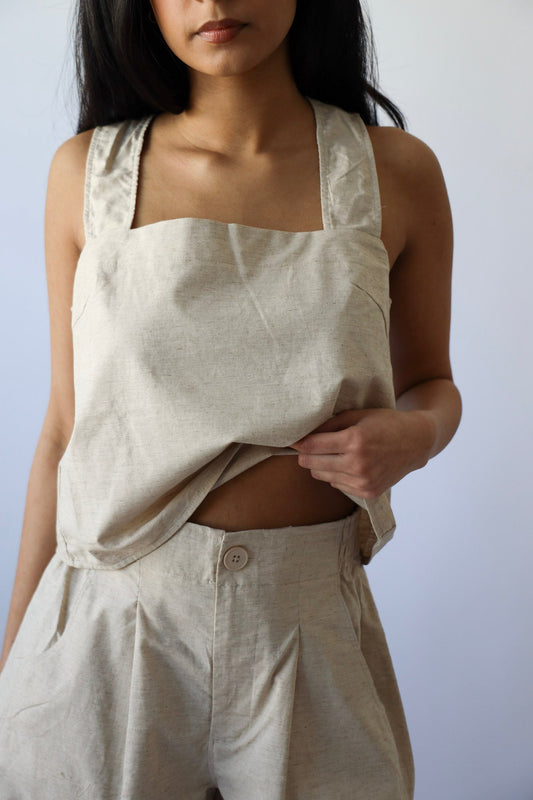 Cream Linen Elastic Waist Band Shorts
