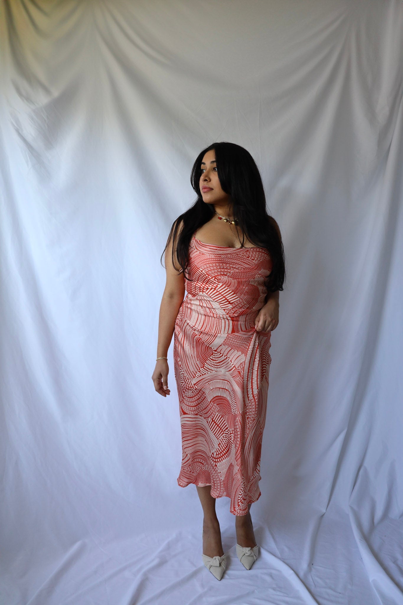 Red Patterned Criss Cross Midi Dress