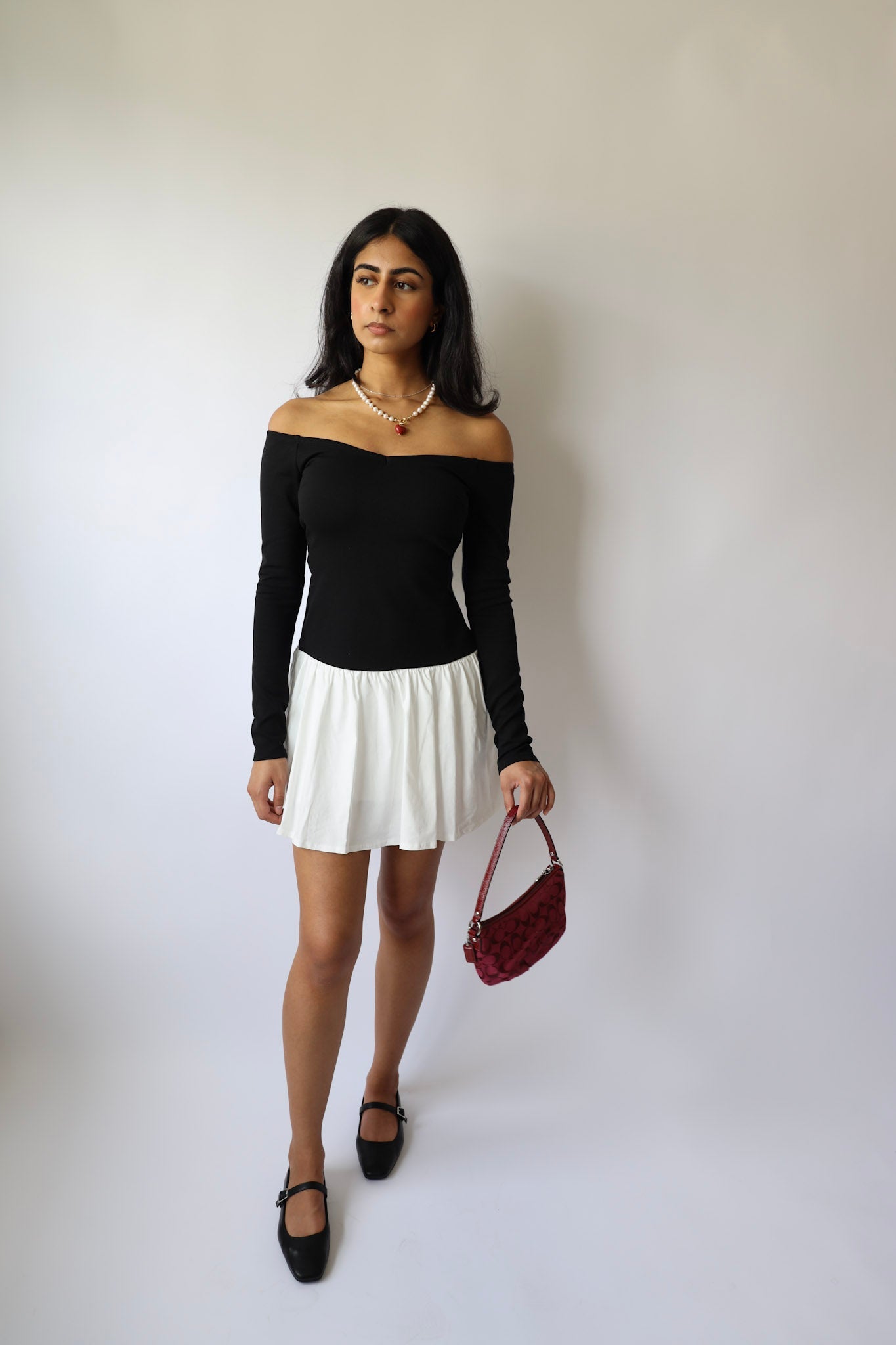 Black & White Off the Shoulder Flared Mini Dress