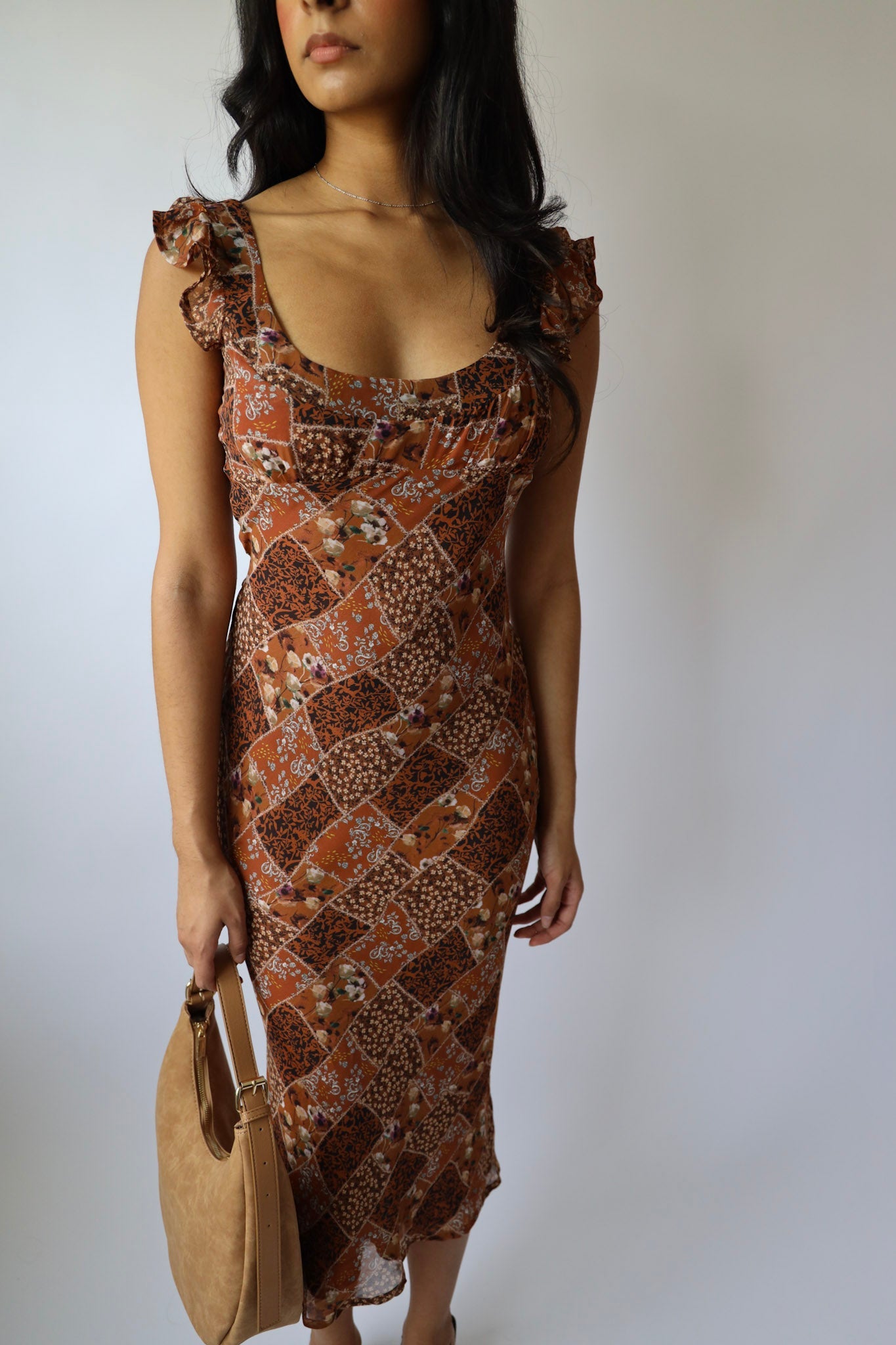 Brown Floral Patchwork Chiffon Bias Long Dress