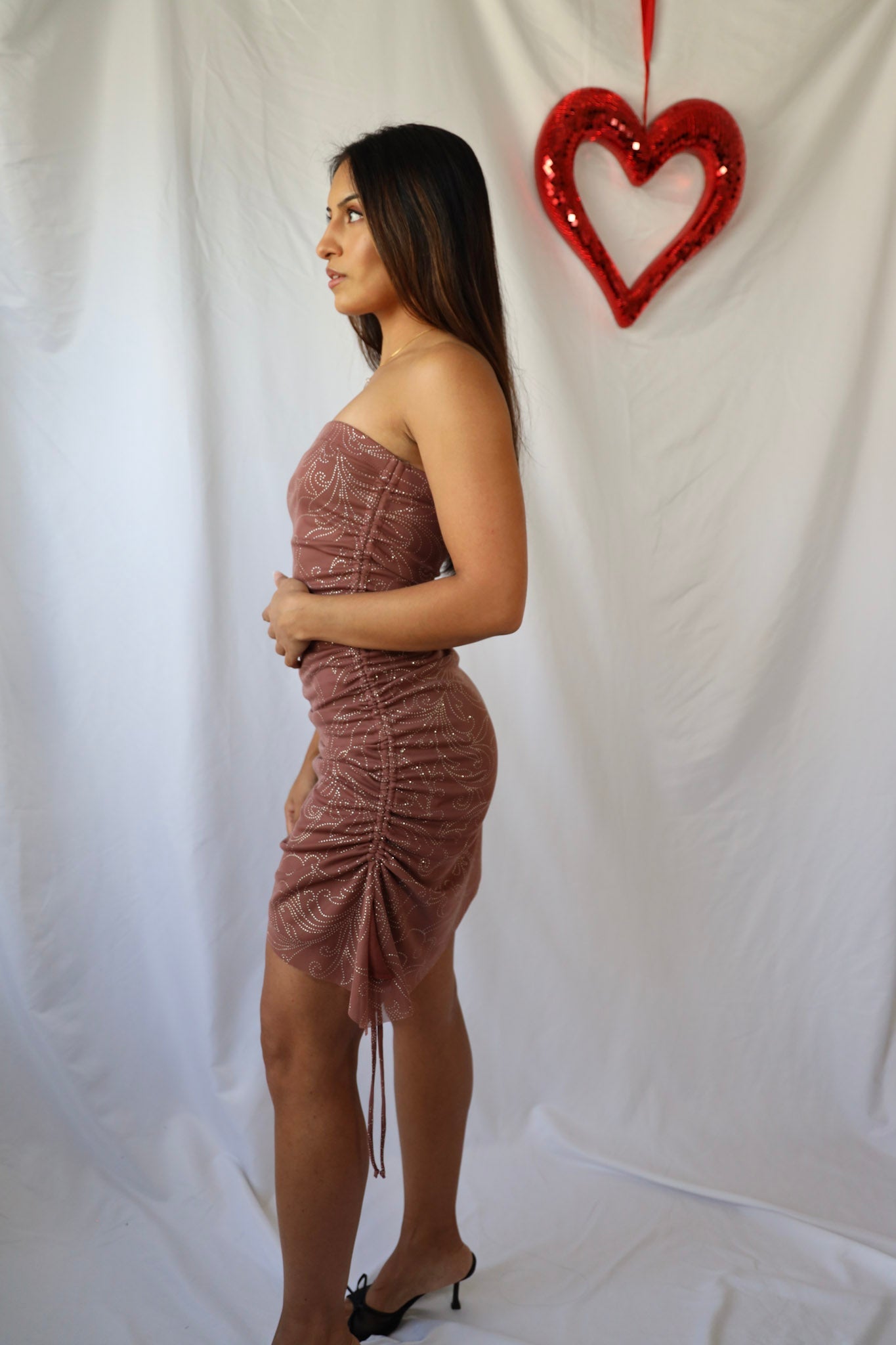 Asymmetrical Hem Glitter Mesh Mini Dress