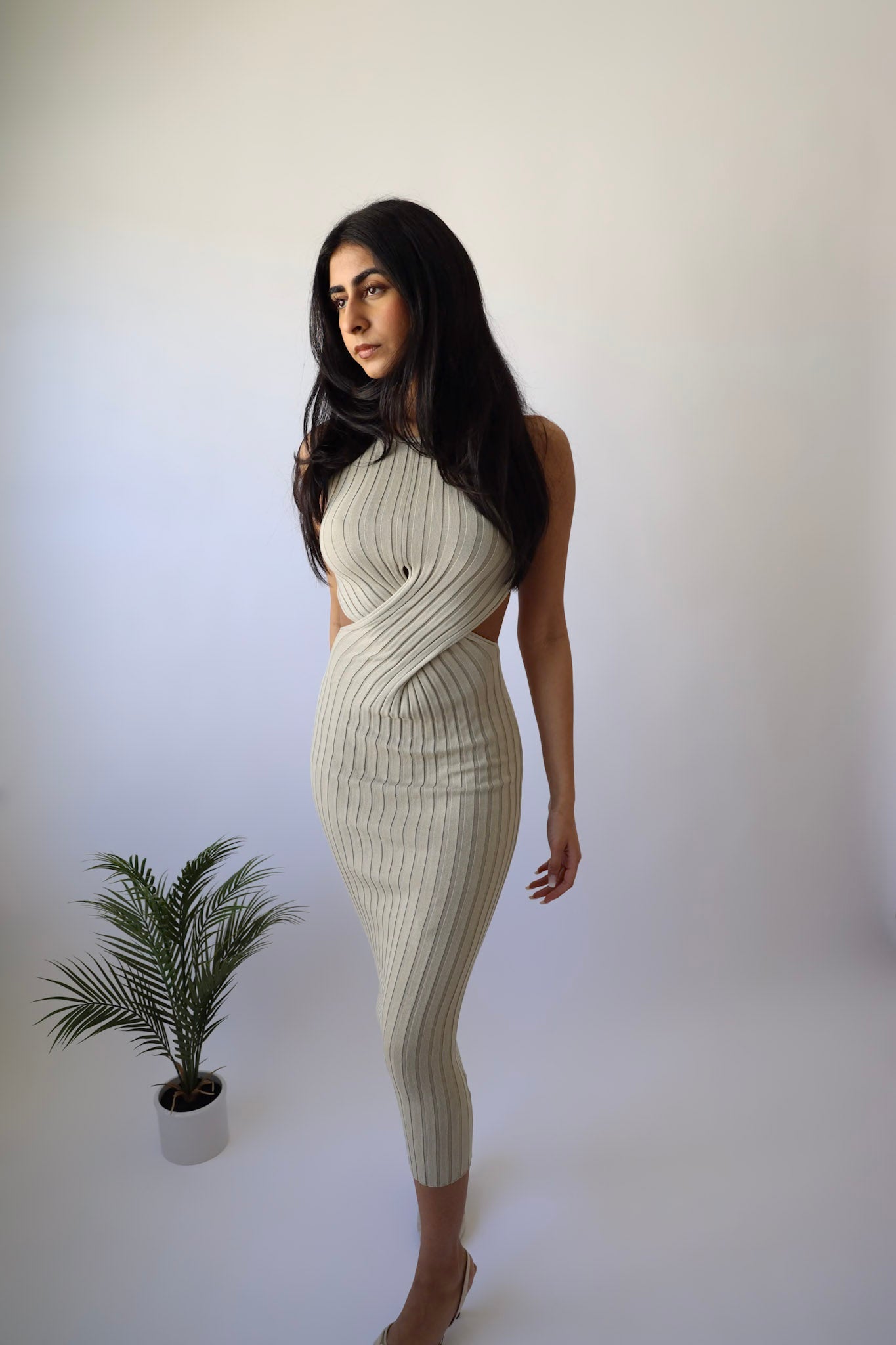 Khaki Waist Cut Ribbed Knit Dress