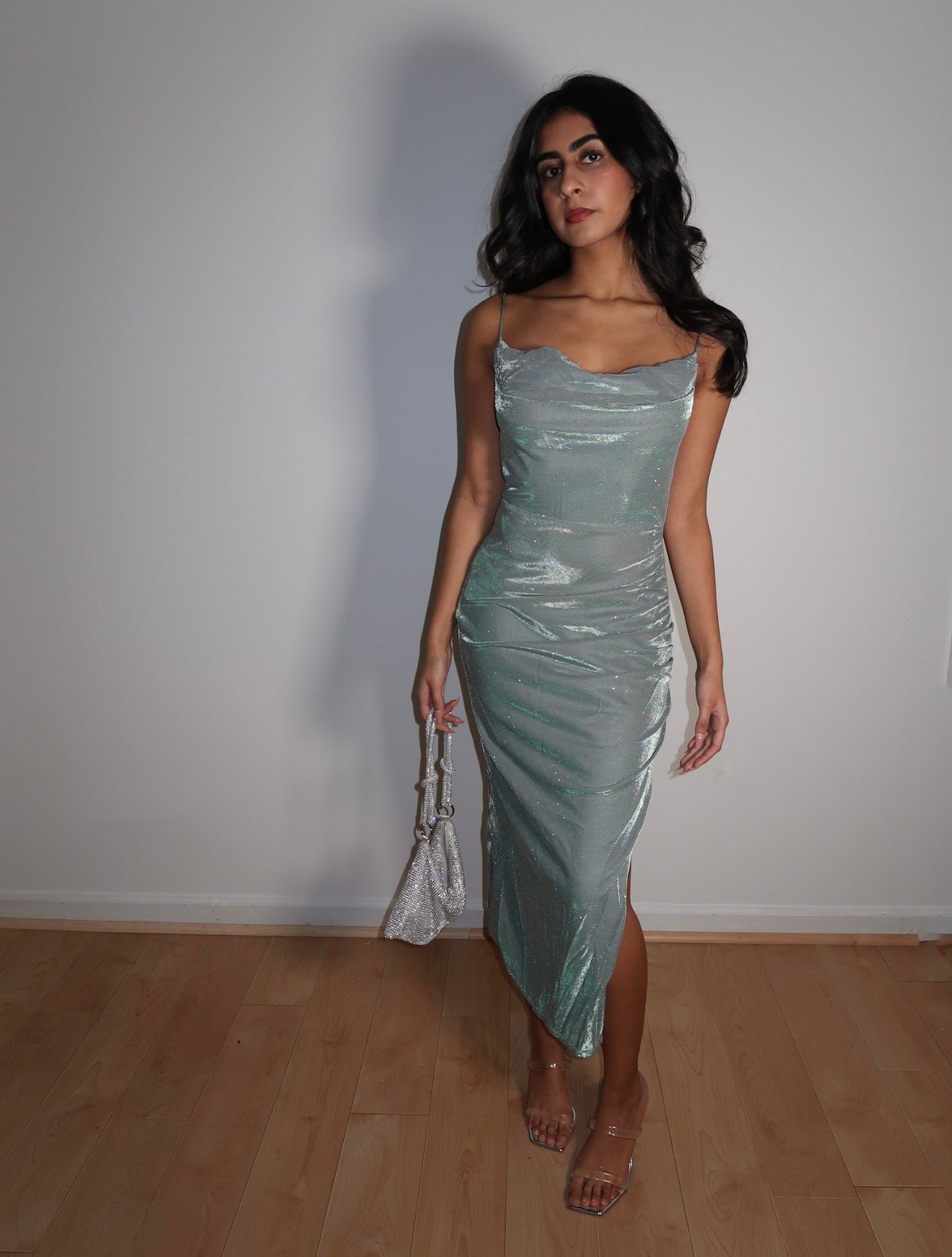 Lurex Rhinestone Cowl Neck Midi Dress