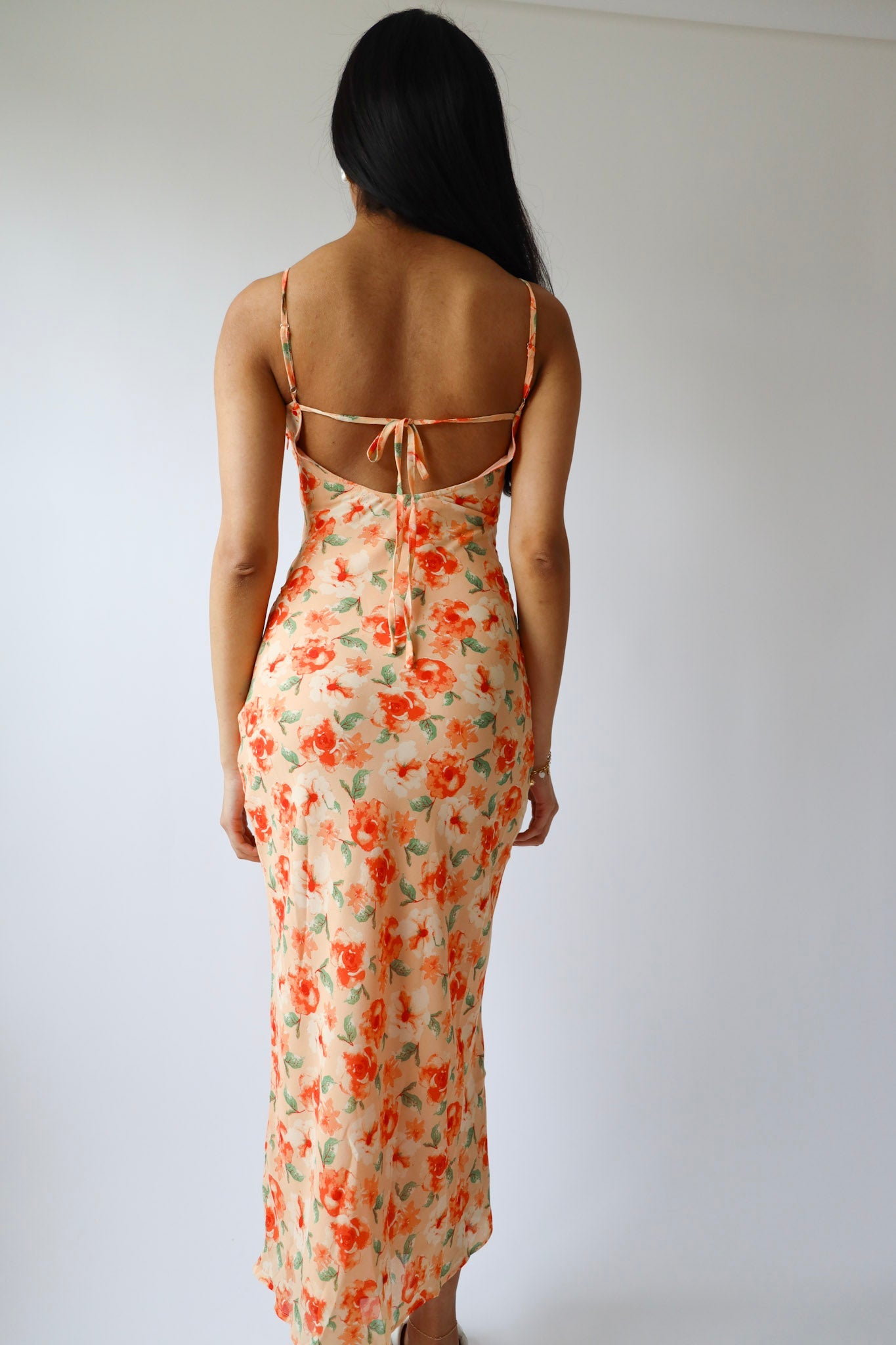 Peach Floral Cutout Midi Dress