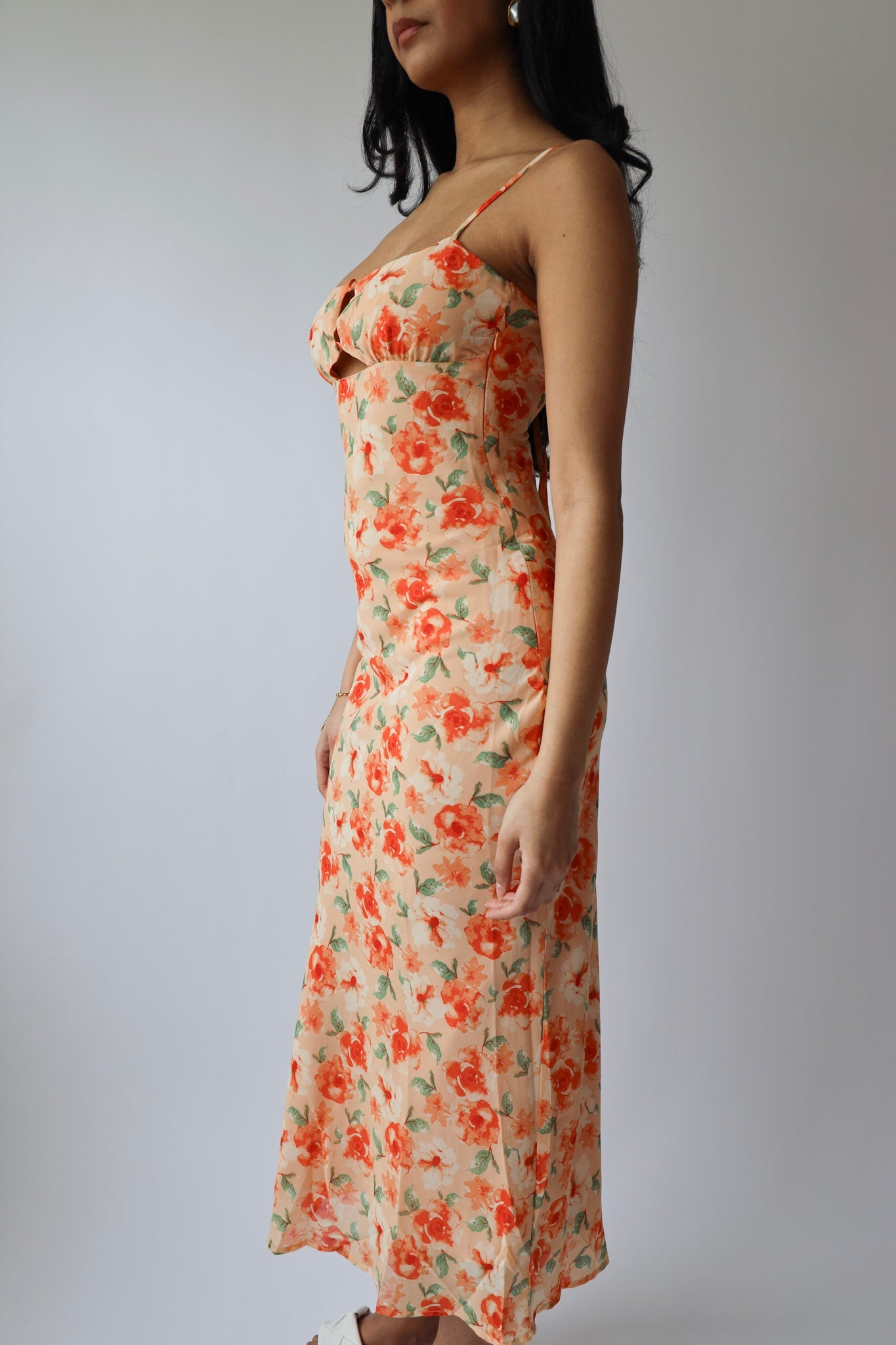 Peach Floral Cutout Midi Dress