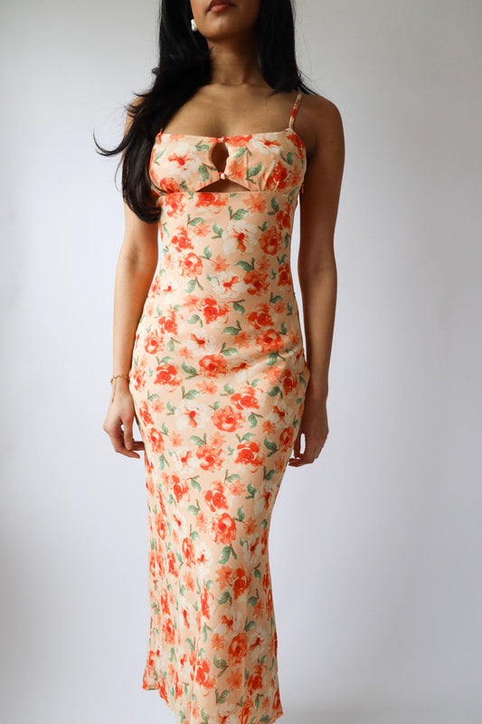 Peach Floral Cutout Midi Dress