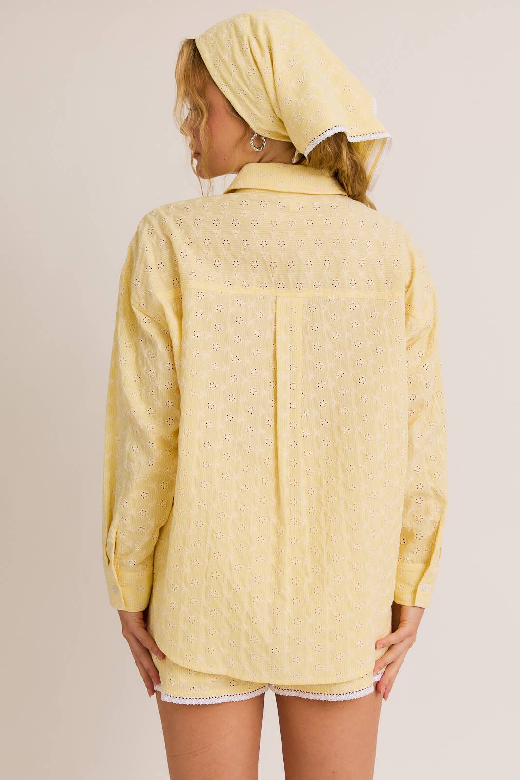 Butter Yellow Eyelet Button Down, Lace Trim Shorts, & Head Scarf (3pc set)