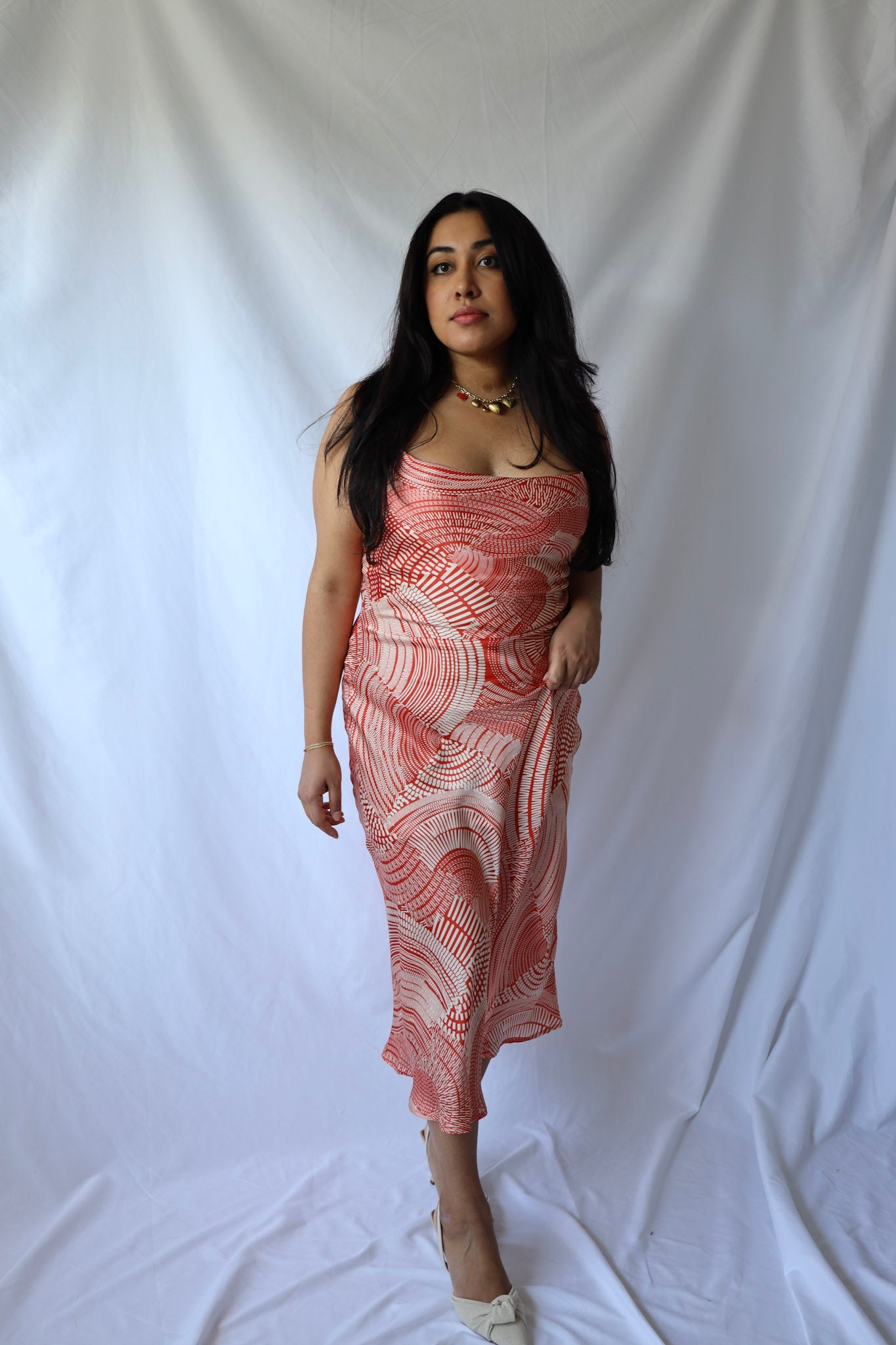 Red Patterned Criss Cross Midi Dress
