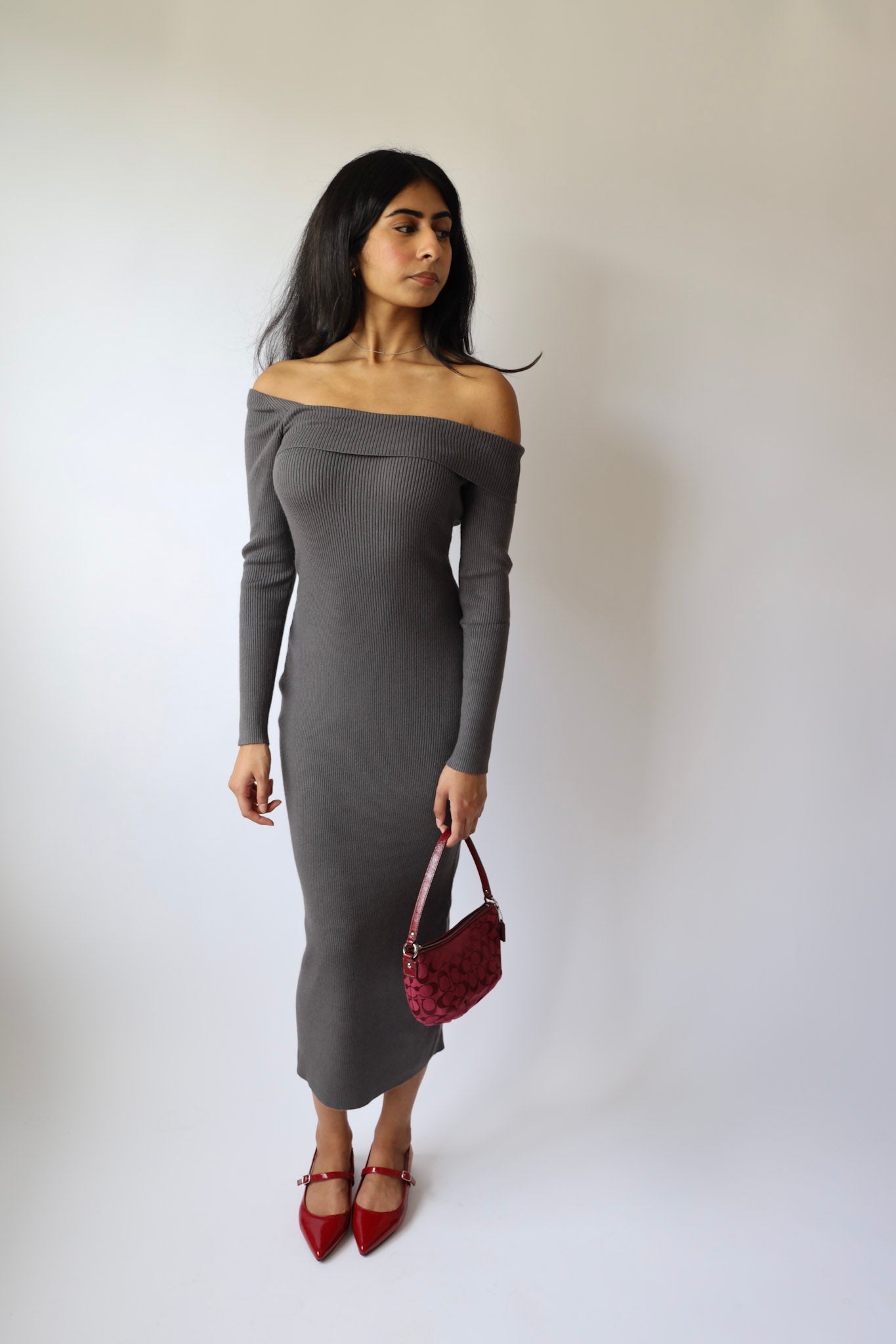 Ribbed Asymmetric Off Shoulder Sweater Maxi Dress