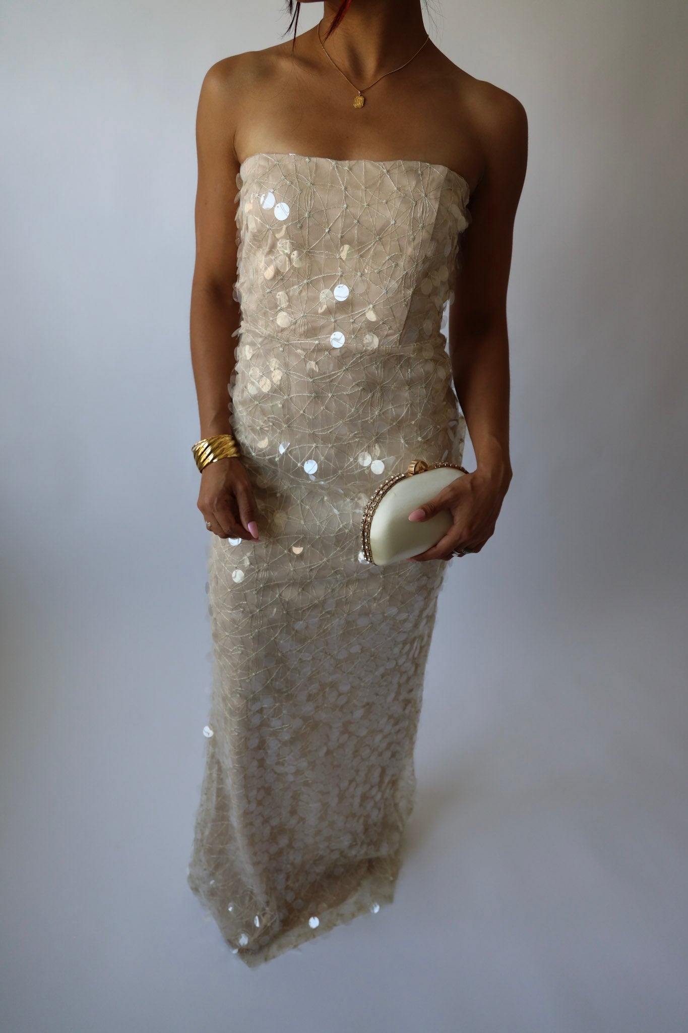 Champagne Sequin Strapless Gown