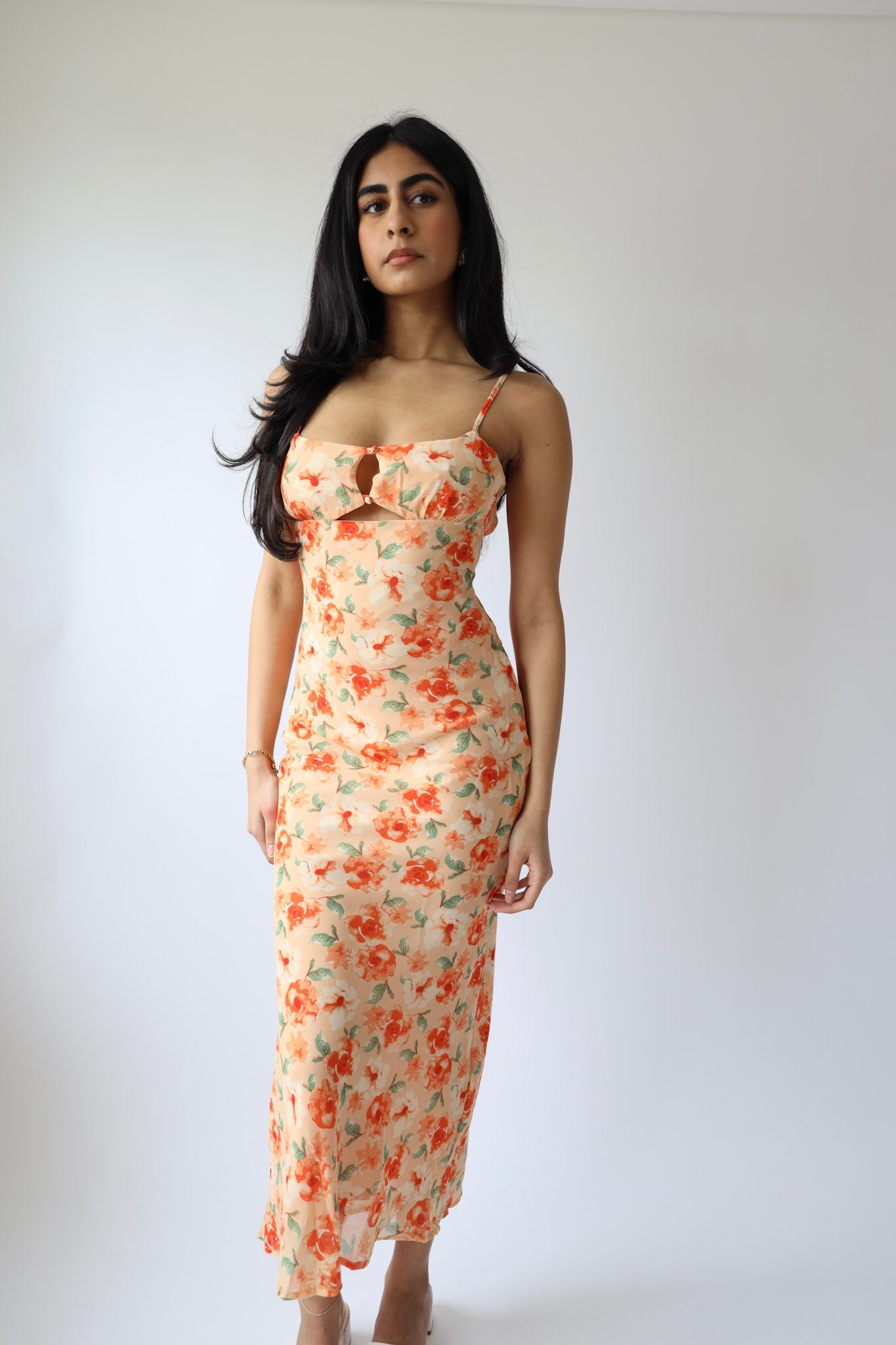 Peach Floral Cutout Midi Dress