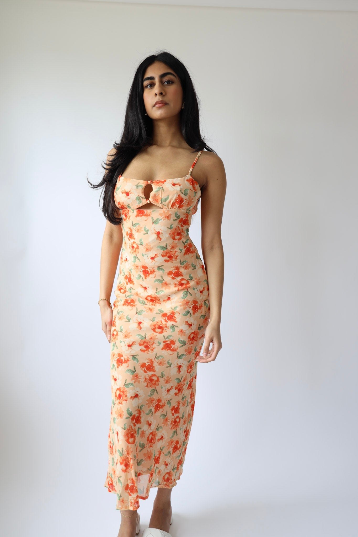 Peach Floral Cutout Midi Dress