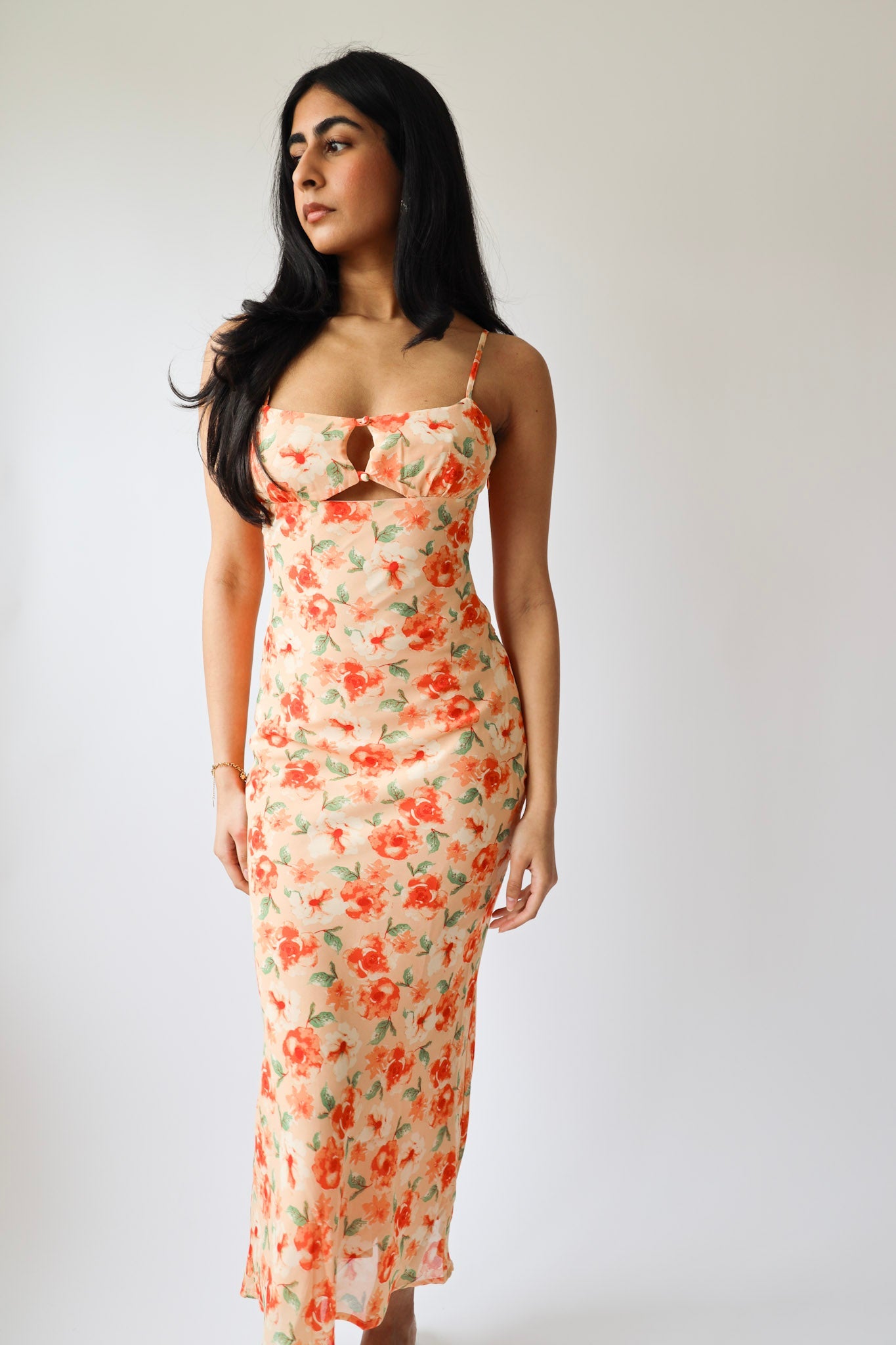 Peach Floral Cutout Midi Dress