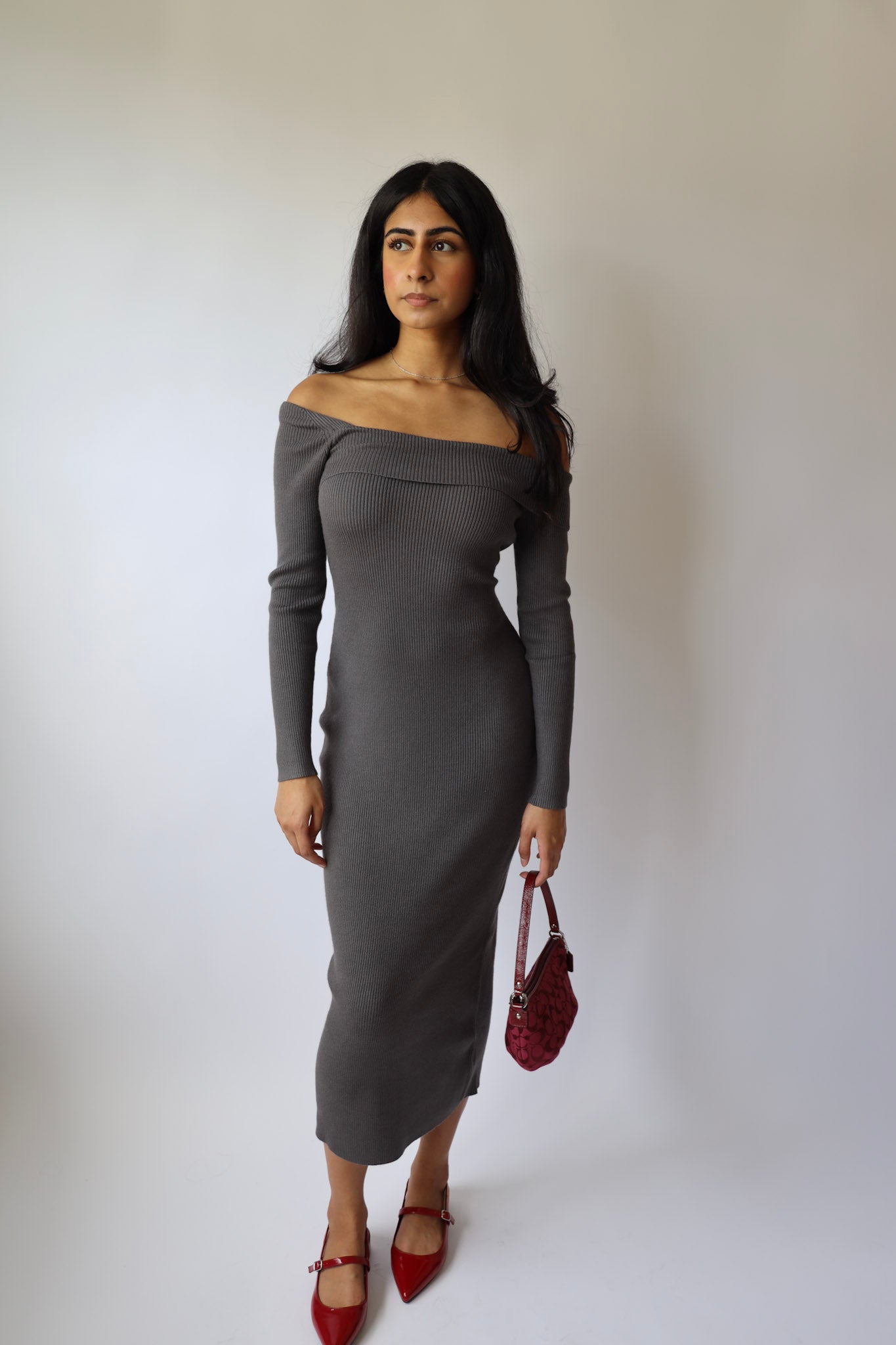 Ribbed Asymmetric Off Shoulder Sweater Maxi Dress