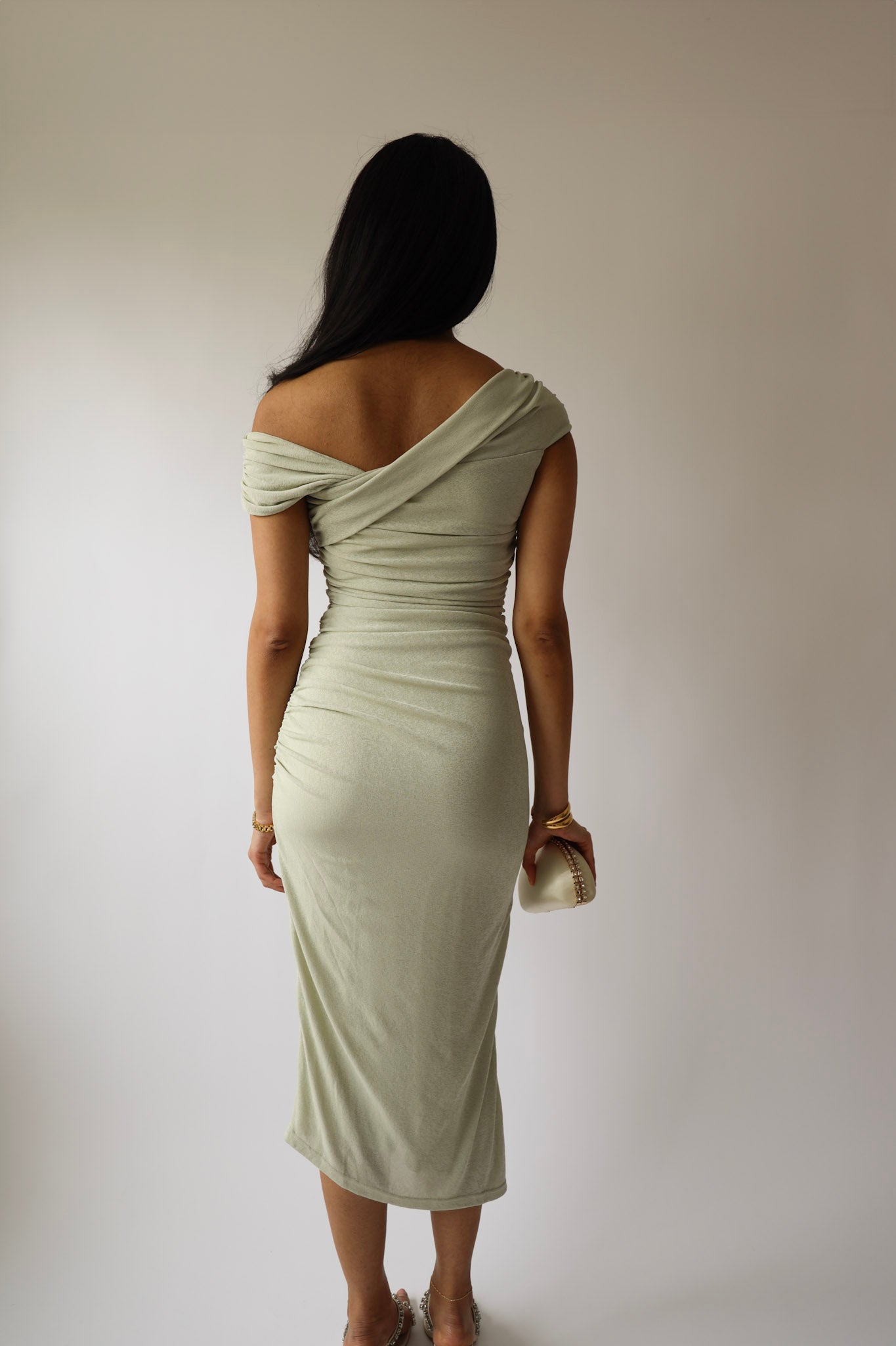 Sage Ruched Off-Shoulder Midi Dress