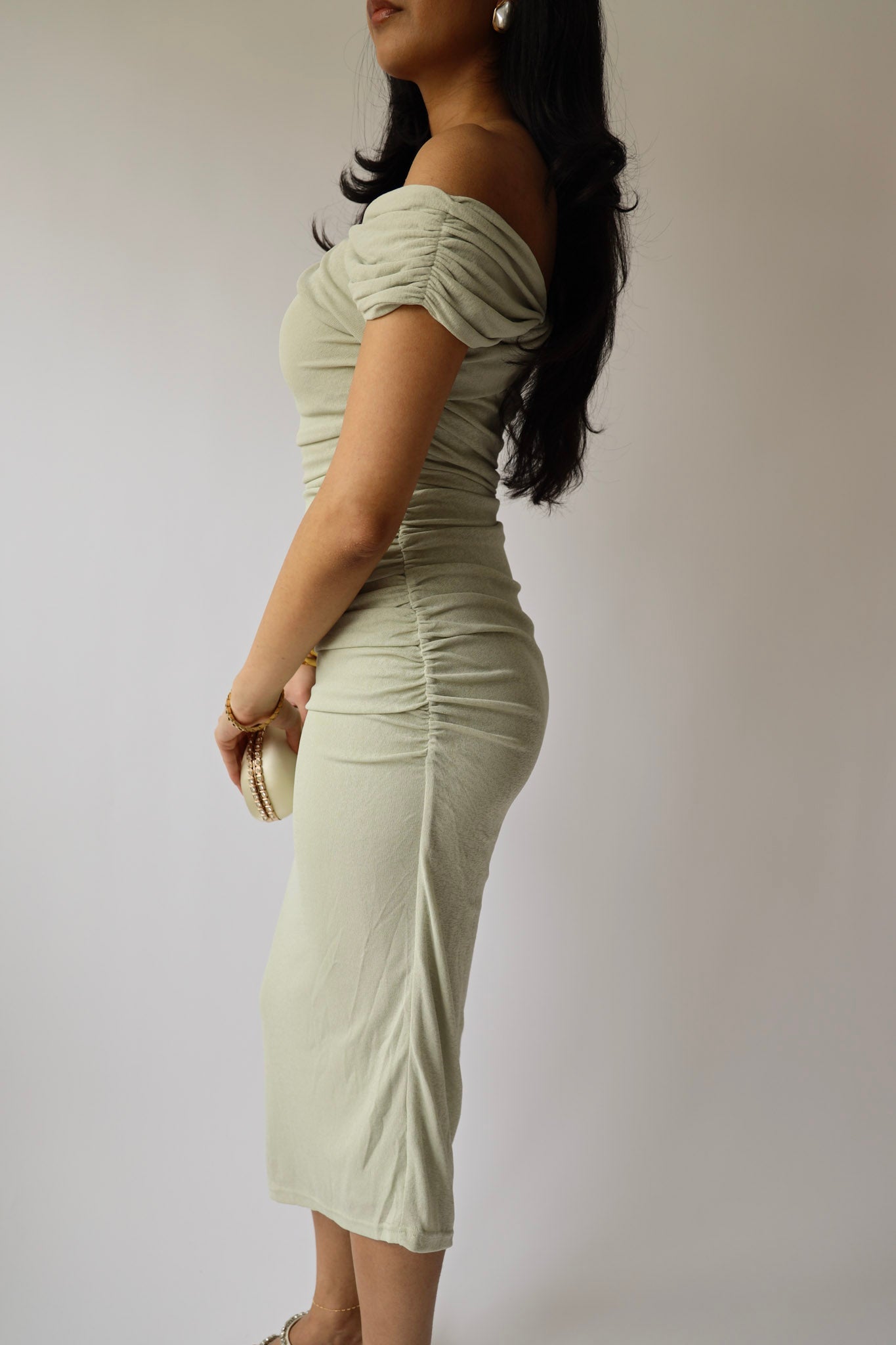 Sage Ruched Off-Shoulder Midi Dress