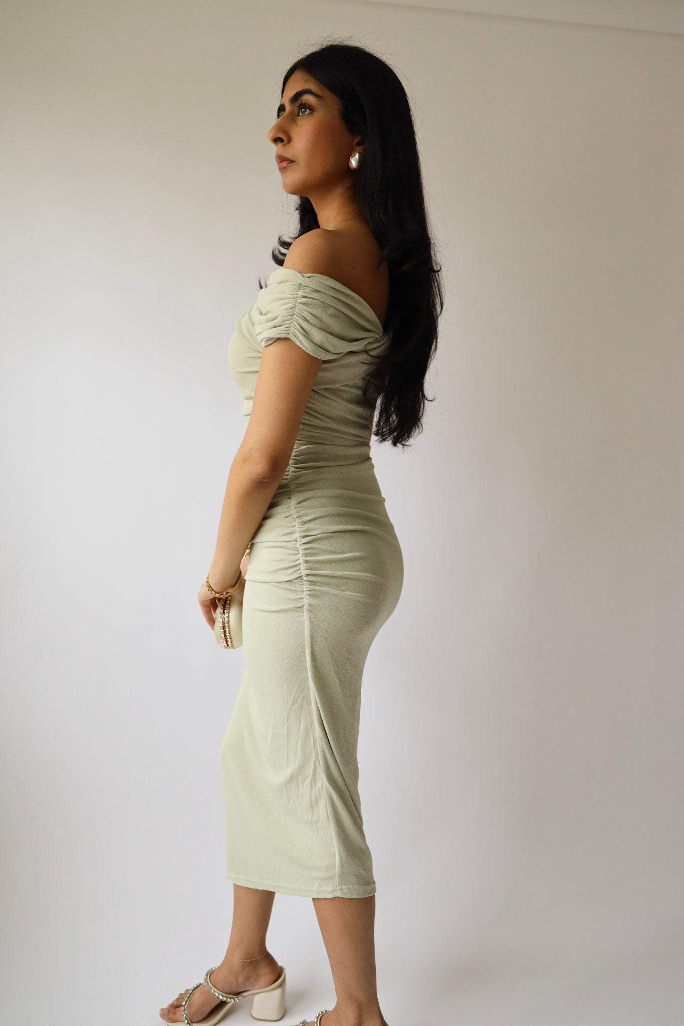 Sage Ruched Off-Shoulder Midi Dress