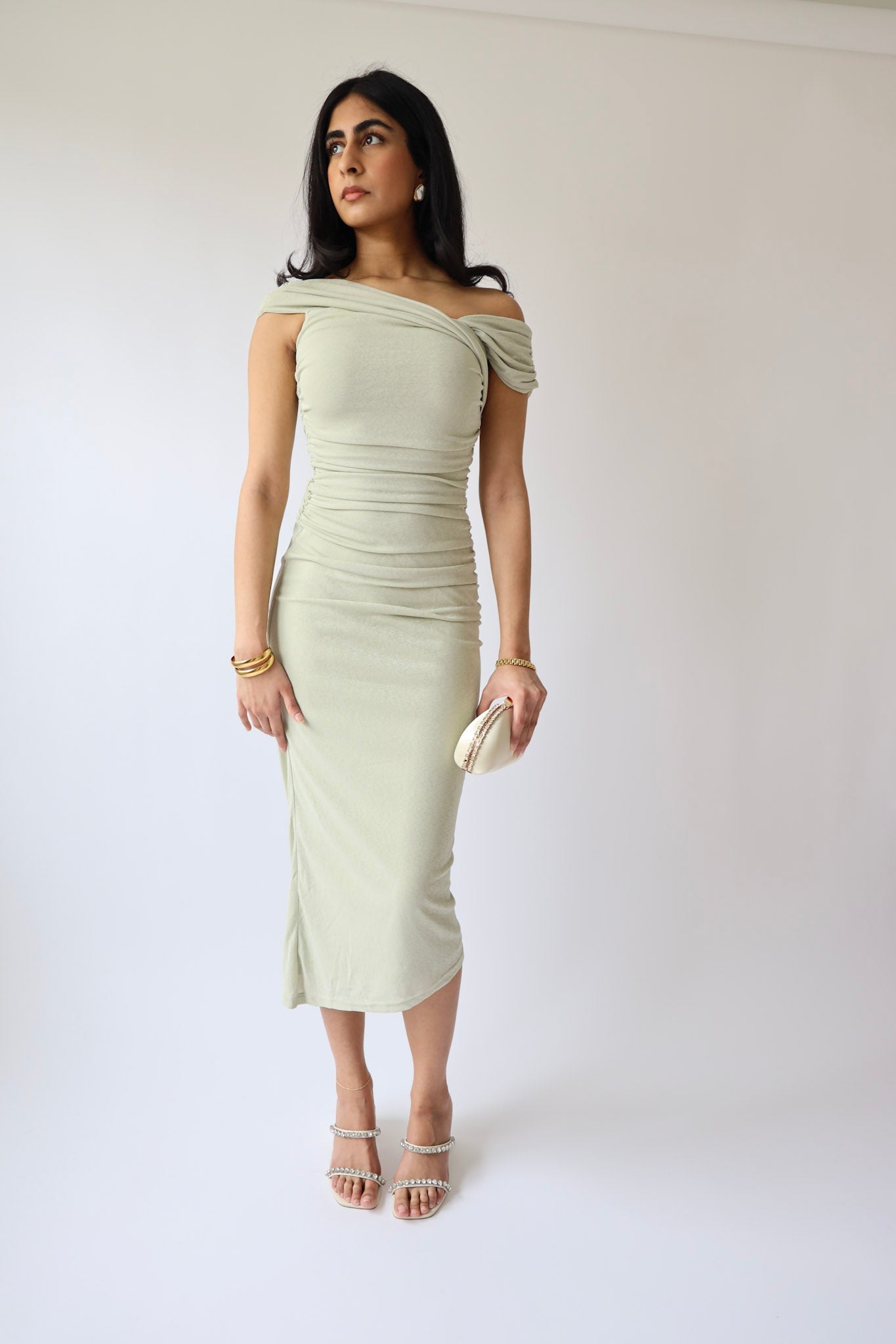 Sage Ruched Off-Shoulder Midi Dress