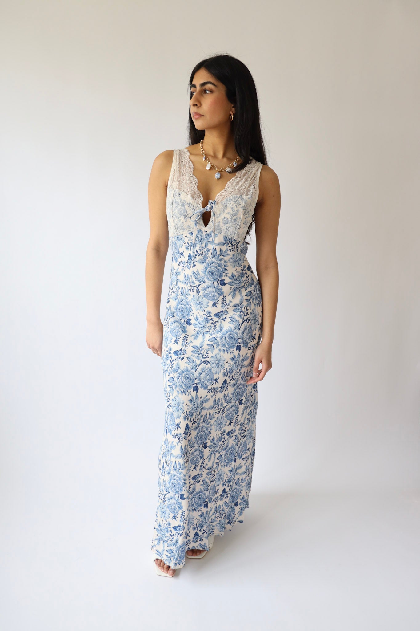 Blue Toile Lace Maxi Dress