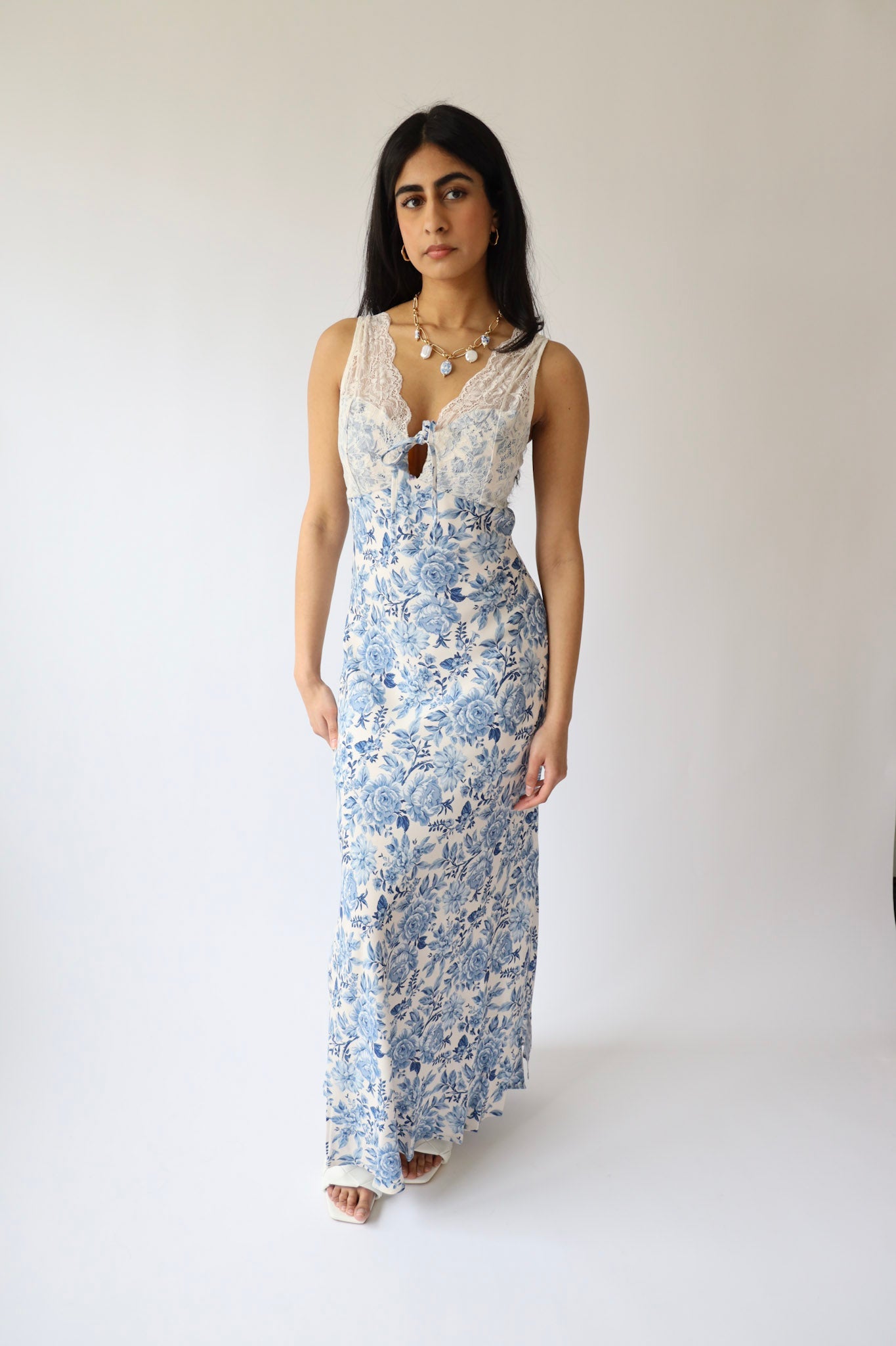 Blue Toile Lace Maxi Dress