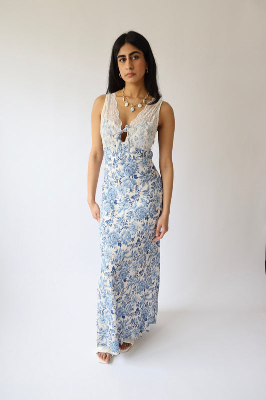 Blue Toile Lace Maxi Dress