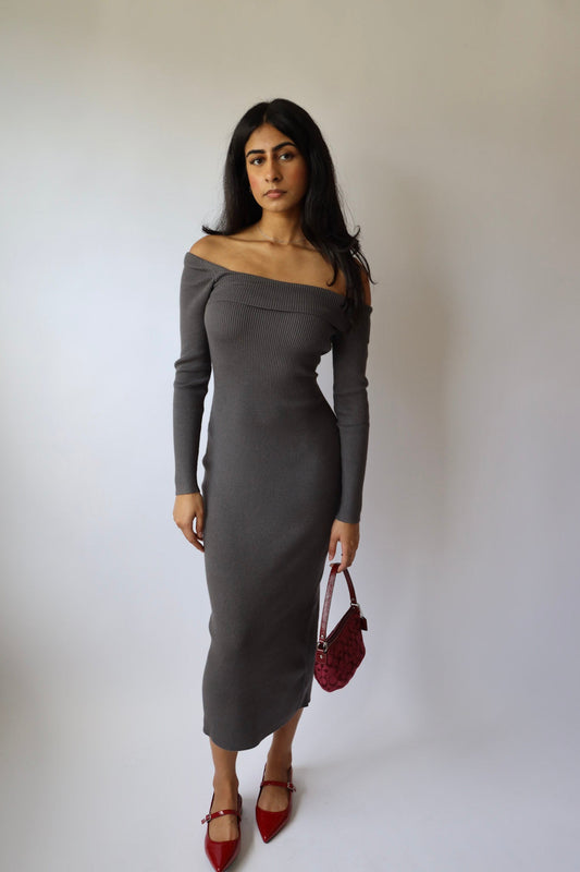 Ribbed Asymmetric Off Shoulder Sweater Maxi Dress