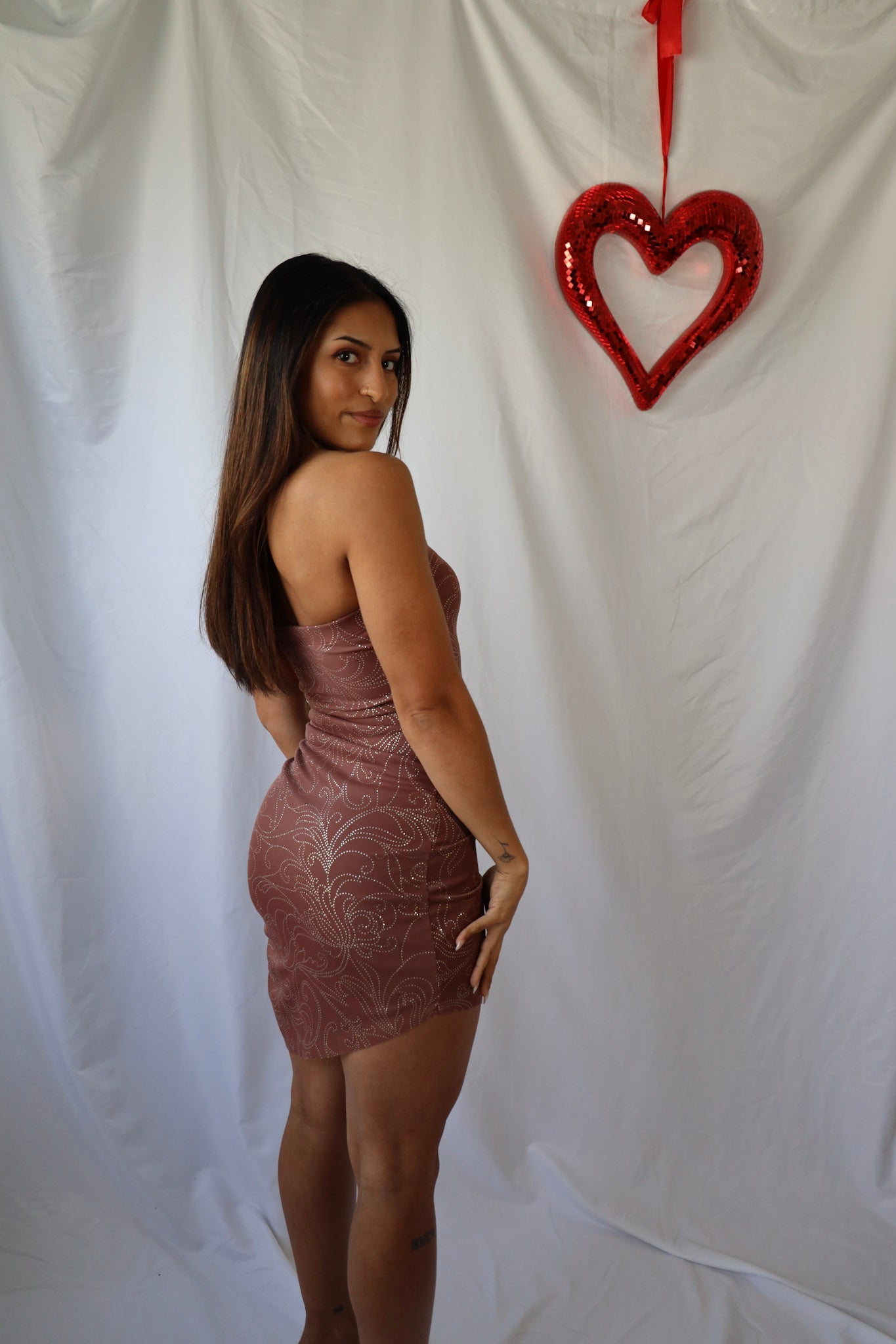 Asymmetrical Hem Glitter Mesh Mini Dress