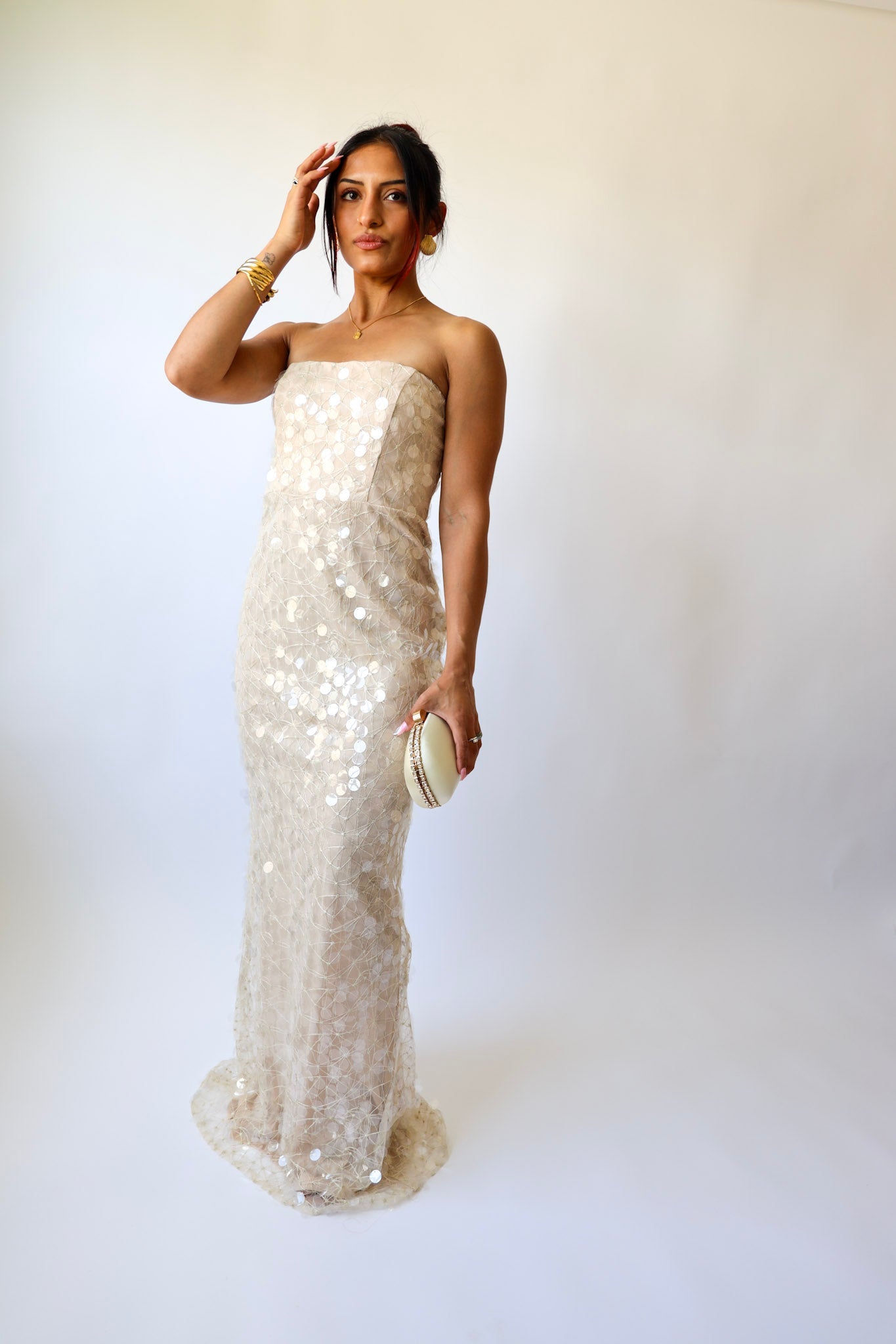Champagne Sequin Strapless Gown