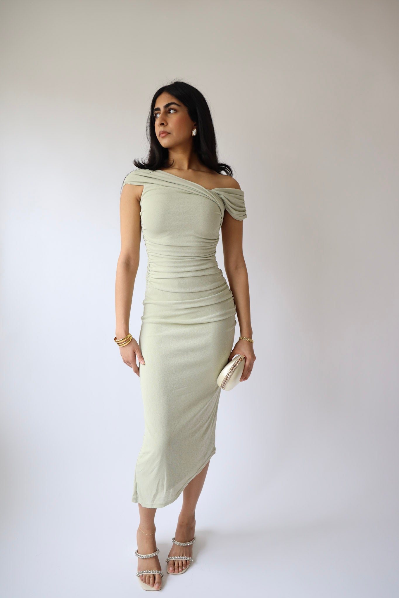 Sage Ruched Off-Shoulder Midi Dress