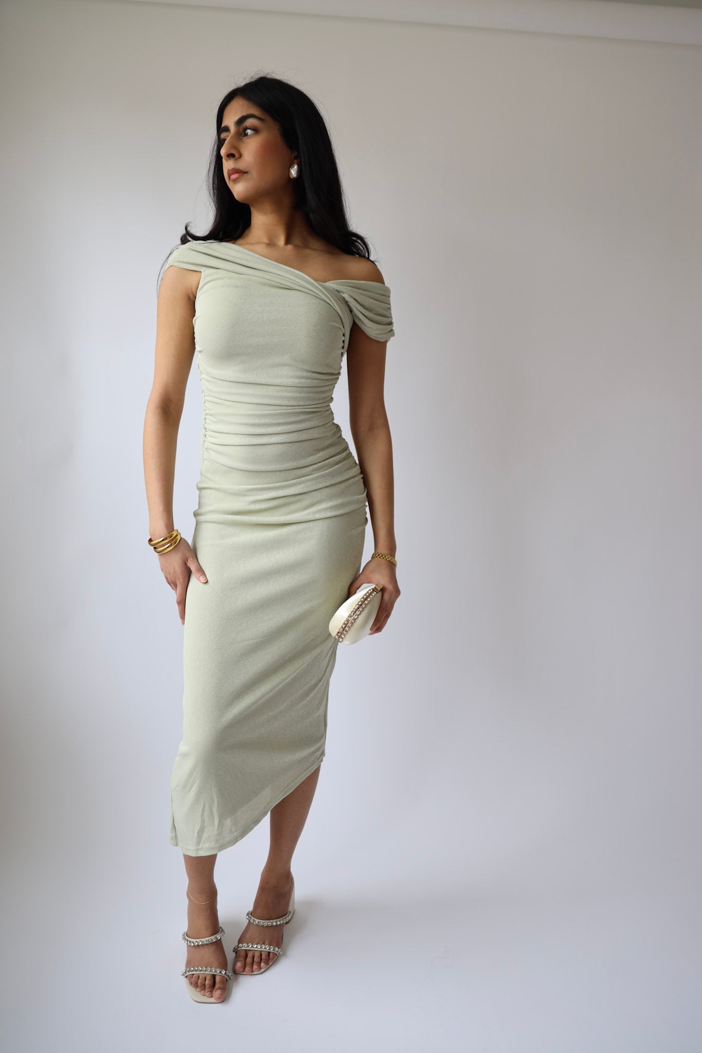 Sage Ruched Off-Shoulder Midi Dress