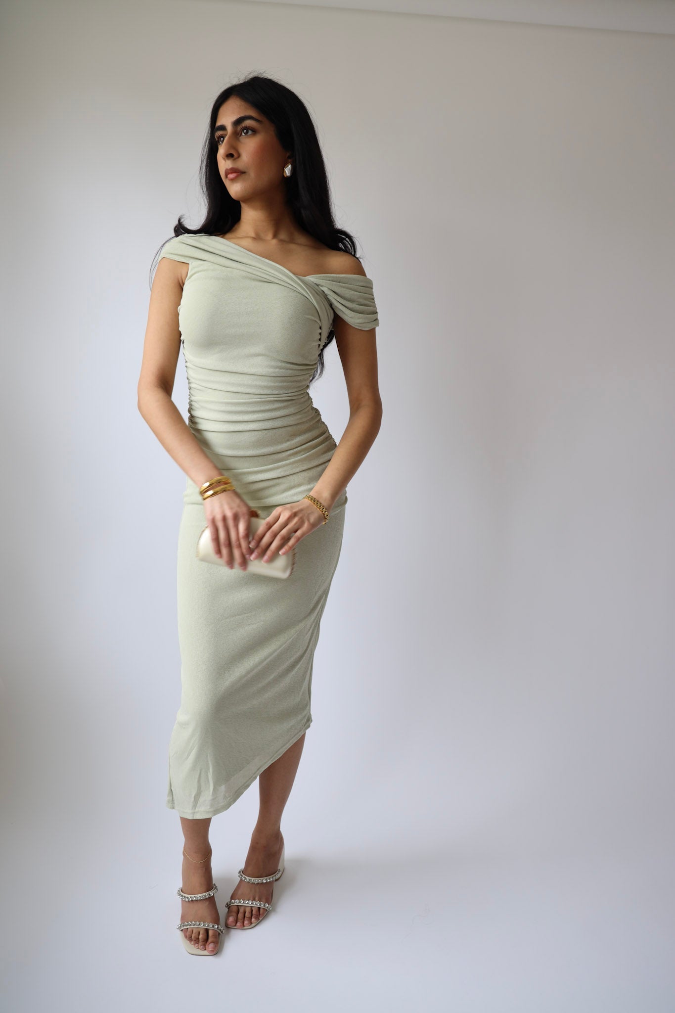 Sage Ruched Off-Shoulder Midi Dress