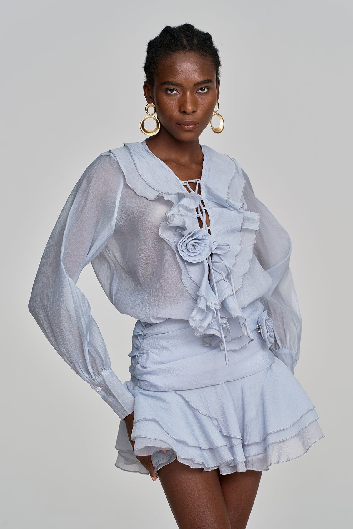 Amie Lace Up Flower Ruffle Skirt Set In Blue